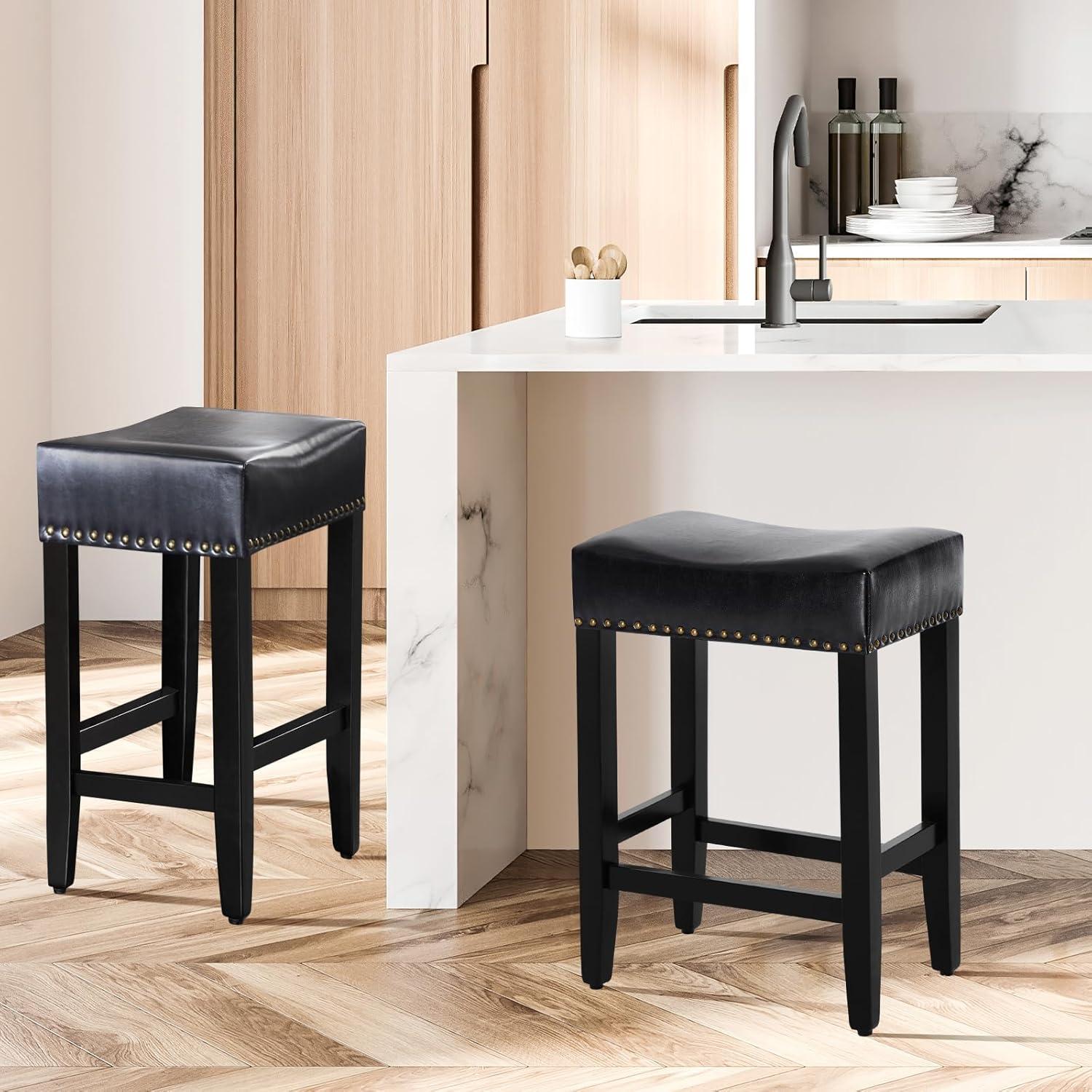 Furniliving 26" Backless Counter Stool Set of 4, Counter Height Bar Stools PU Saddle Stool, Black