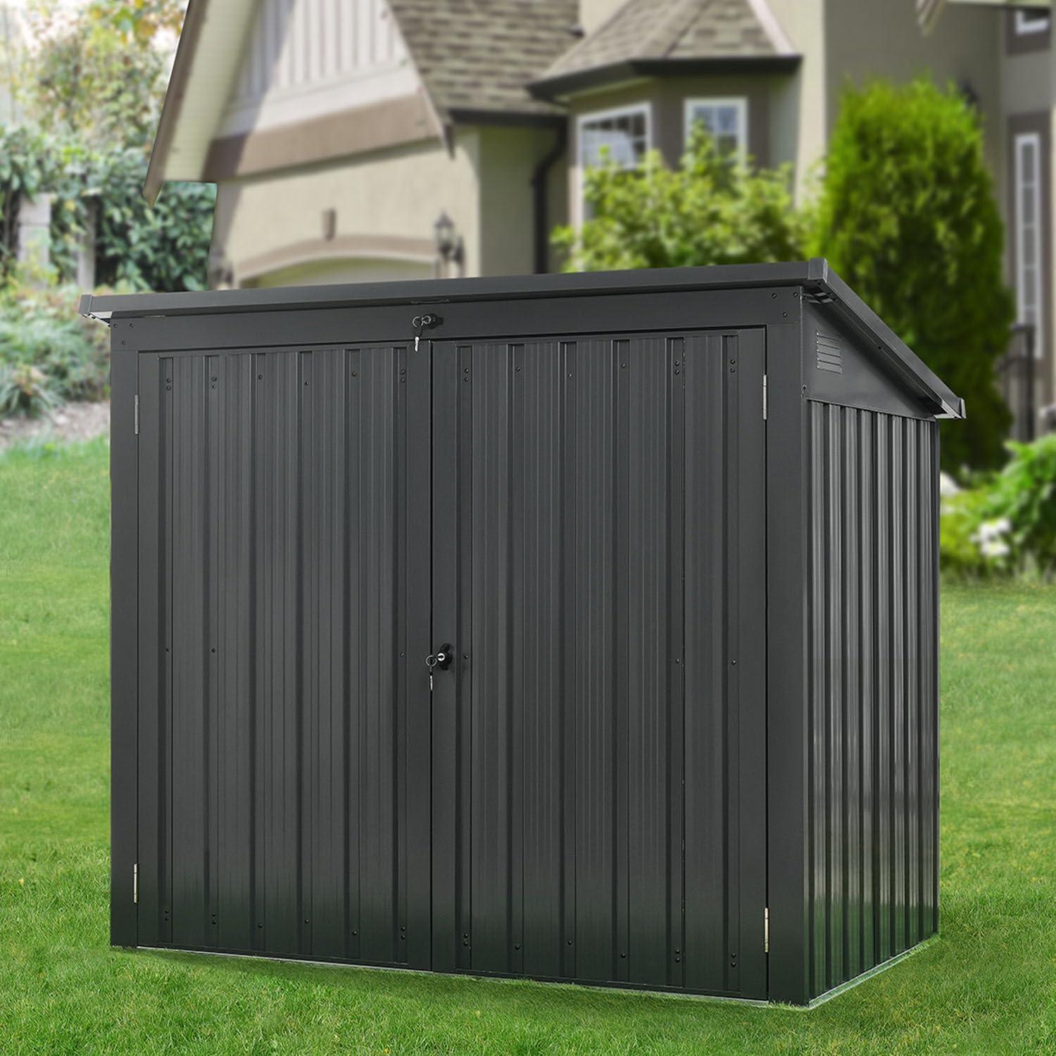 Hanover Trash and Recyclables Storage Shed | Pent Roof | Galvanized Steel | 2-Point Locking System | Stores 2 Trash Cans | 3.3-Ft. x 5.2-Ft. x 4.4-Ft. | Dark Gray | HANBINSHD-GRY
