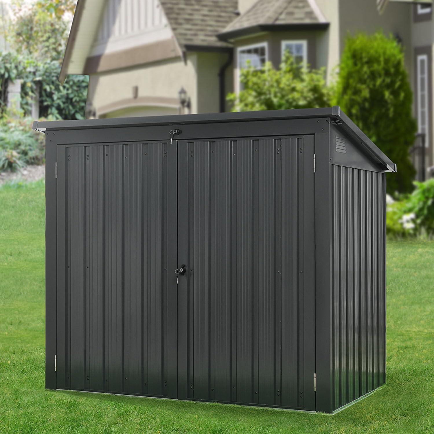 Hanover Trash and Recyclables Storage Shed | Pent Roof | Galvanized Steel | 2-Point Locking System | Stores 2 Trash Cans | 3.3-Ft. x 5.2-Ft. x 4.4-Ft. | Dark Gray | HANBINSHD-GRY