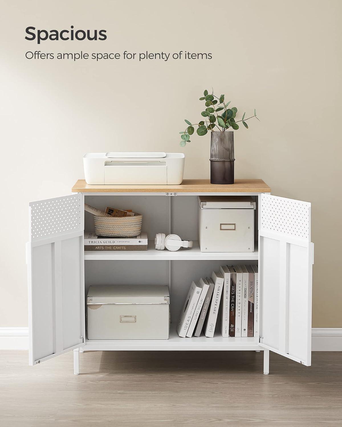 Natural and White Metal Storage Cabinet with Adjustable Shelf