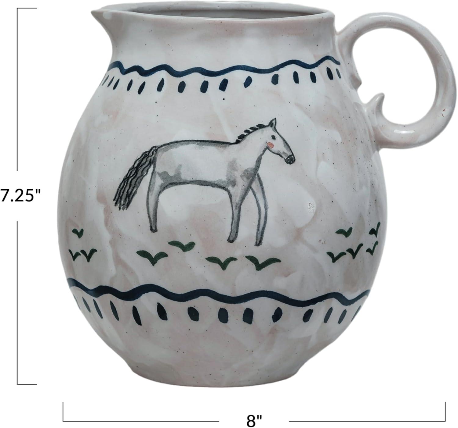 80 fl. oz. Multicolor Hand-Painted Stoneware Pitcher with Horse Design