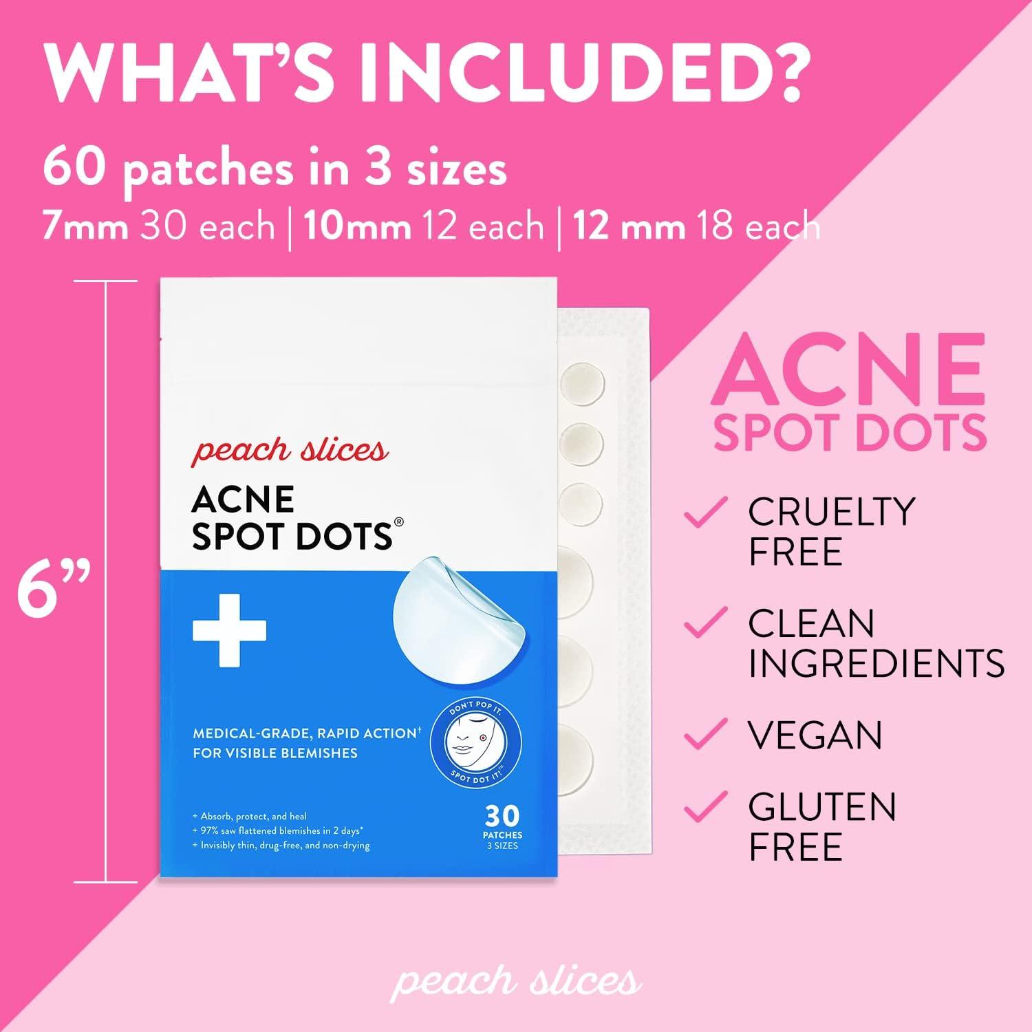 Peach Slices | Acne Spot Dots | Hydrocolloid Acne Patches | For Zits, Blemishes, & Breakouts | Vegan | Cruelty-Free | Pimple Patches | Facial Skin Care Products | 3 Sizes (7mm, 10mm, & 12mm) | 60 Ct
