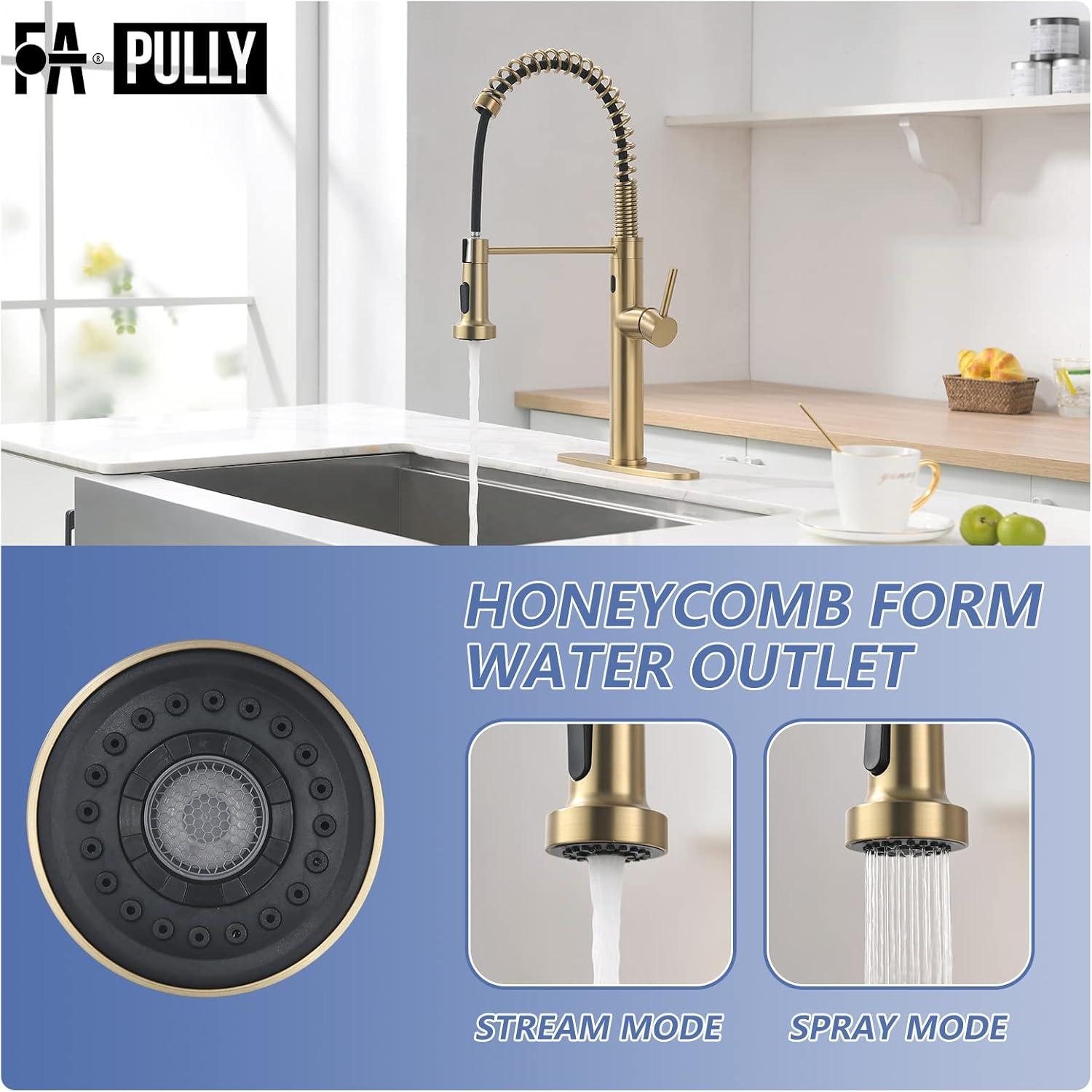 Fapully Touchless Kitchen Faucet with Pull Down Sprayer, Brushed Gold Motion Sensor Smart Commercial Single Handle Single Hole Faucet for Kitchen Sink