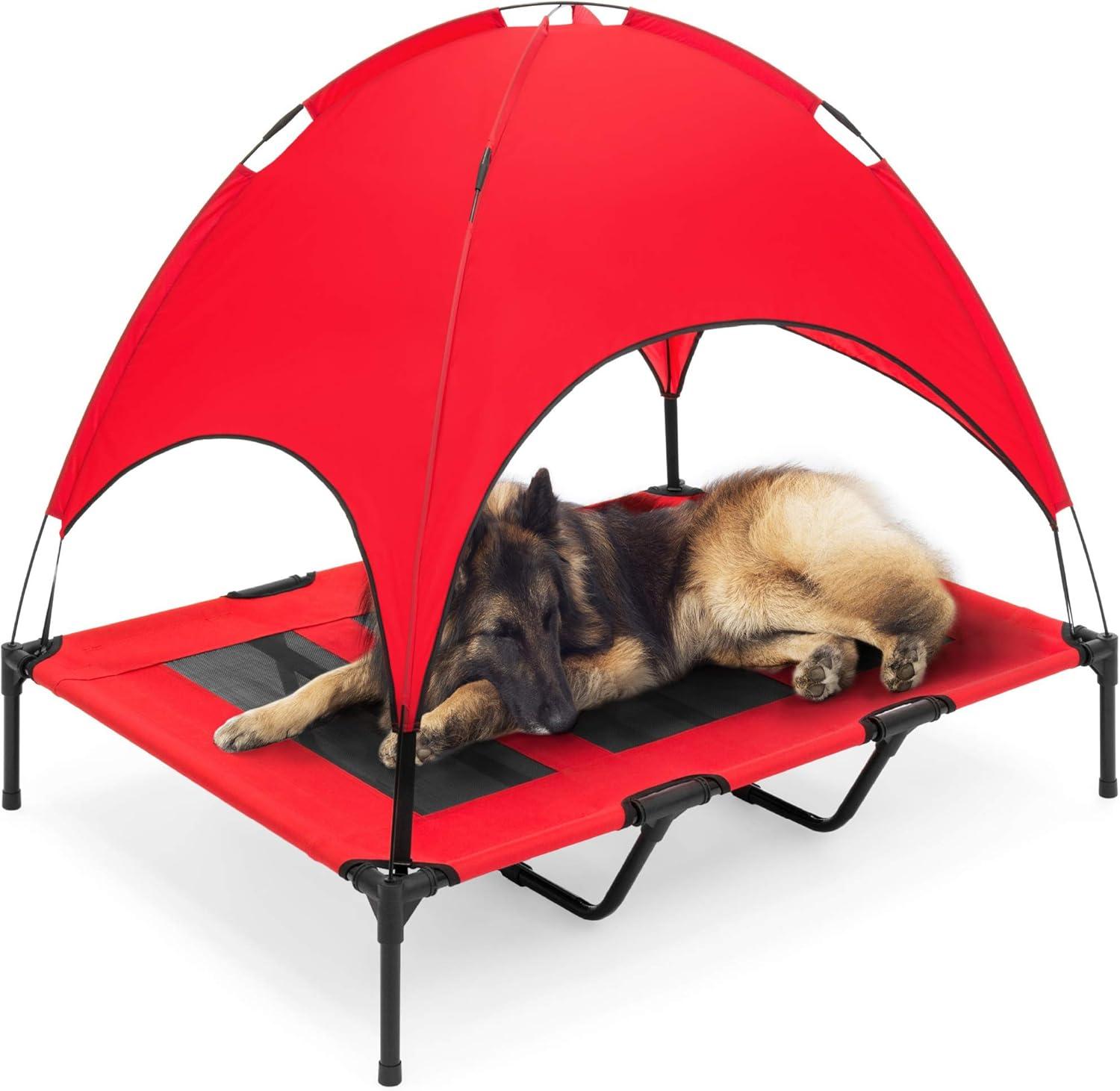 Best Choice Products 48in Elevated Cooling Dog Bed, Outdoor Raised Mesh Pet Cot w/ Removable Canopy, Carrying Bag - Red
