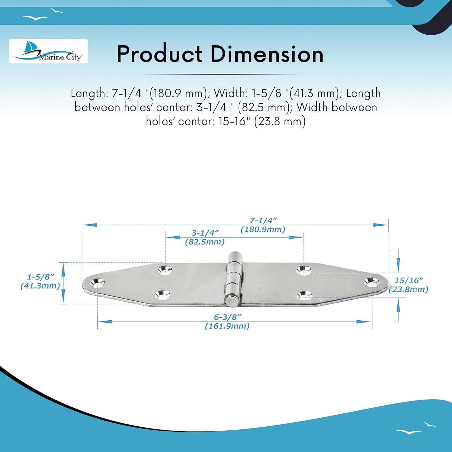 Marine City Pair of Stainless-Steel Marine Hatch Strap Hinge7-1/4" 1-5/8"