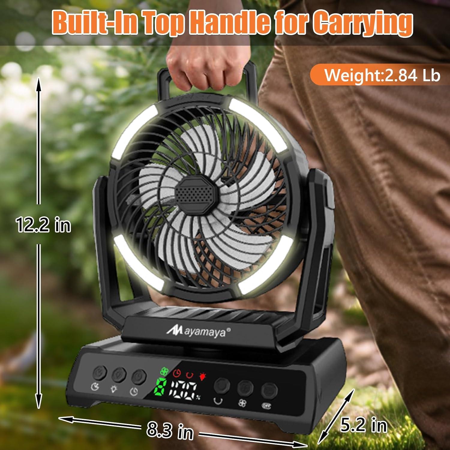 ayamaya Camping Fan, 20000mAh Rechargeable Tent Fan with Light, Remote, 9 Speeds Battery Powered Fans with Digital Display, Timer, Auto Oscillation & Hook for Camping, Outdoors