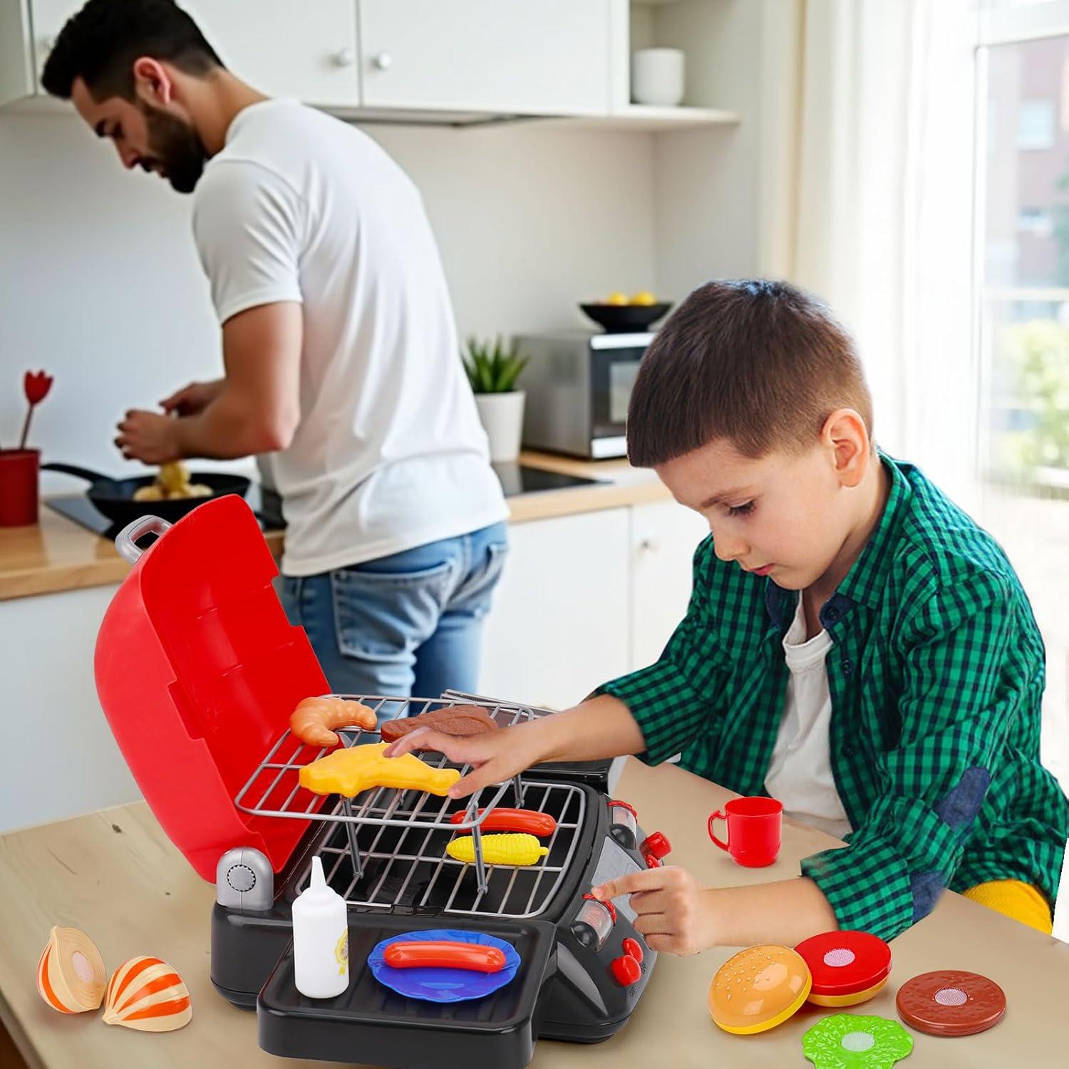 RUVINCE Kids BBQ Grill Playset - Kitchen Toy Grill Set with Smoke & Light