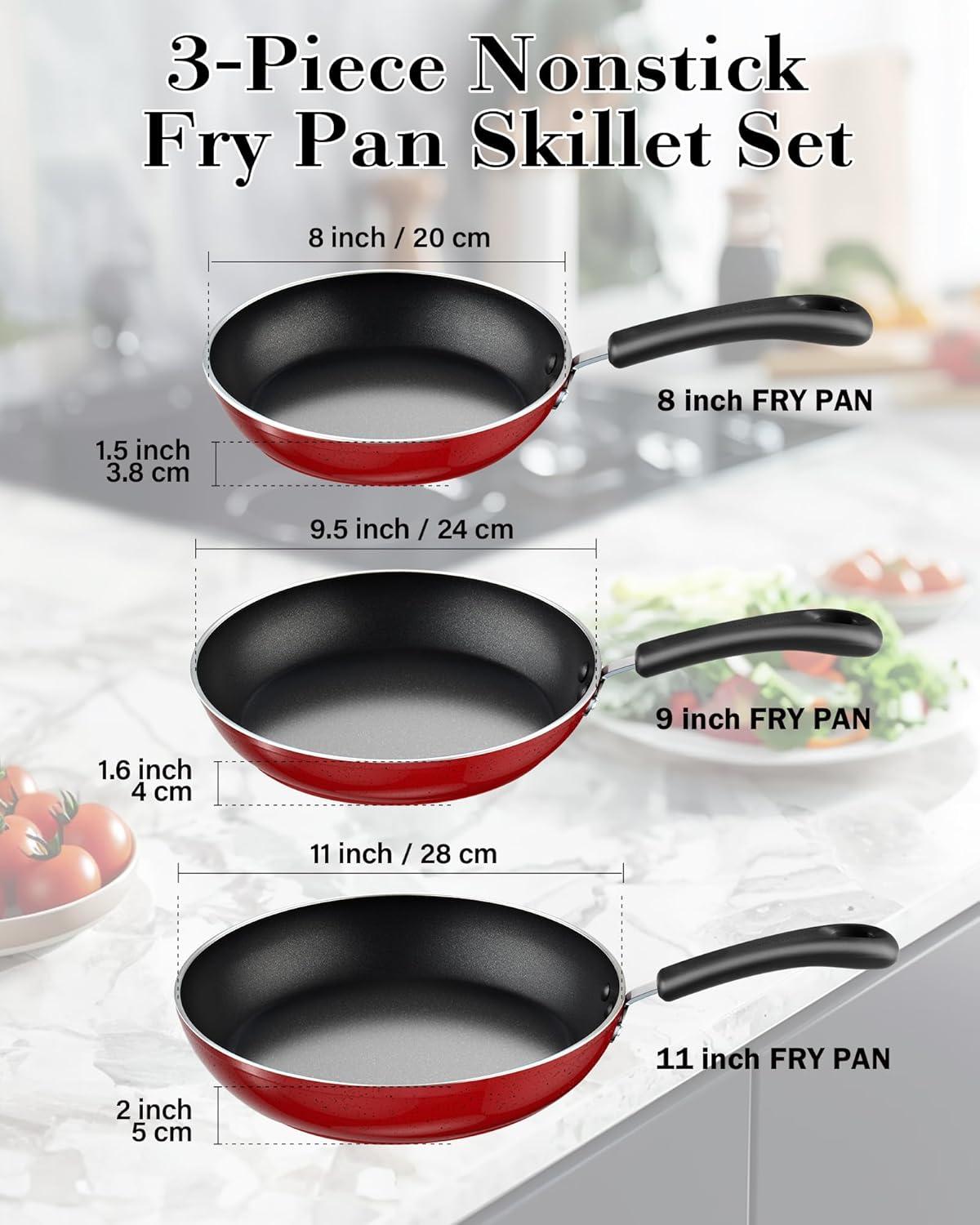 Cook N Home Nonstick Saute Fry Pan Set, 8, 9.5, and 11-Inch Kitchen Cooking Frying Saute Pan Skillet, Induction Compatible, Marble Red, 3-Piece