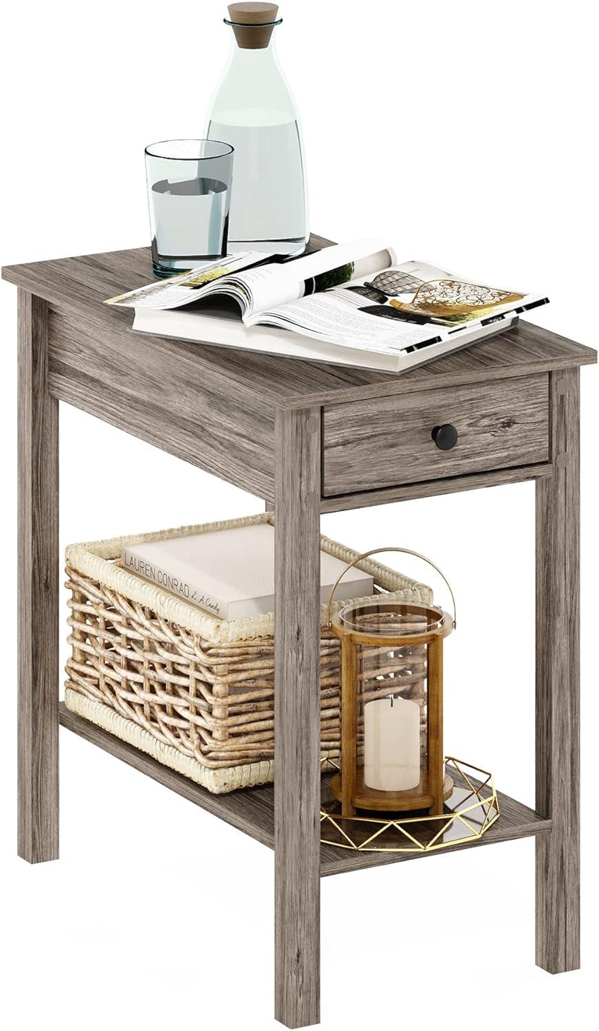 Compact Rustic Oak Wood End Table with Storage