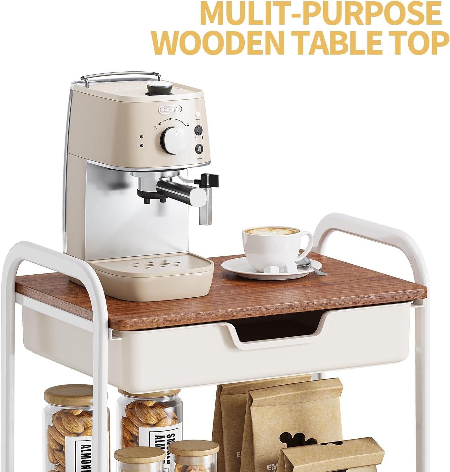 White 3-Tier Metal Utility Rolling Cart with Wooden Top