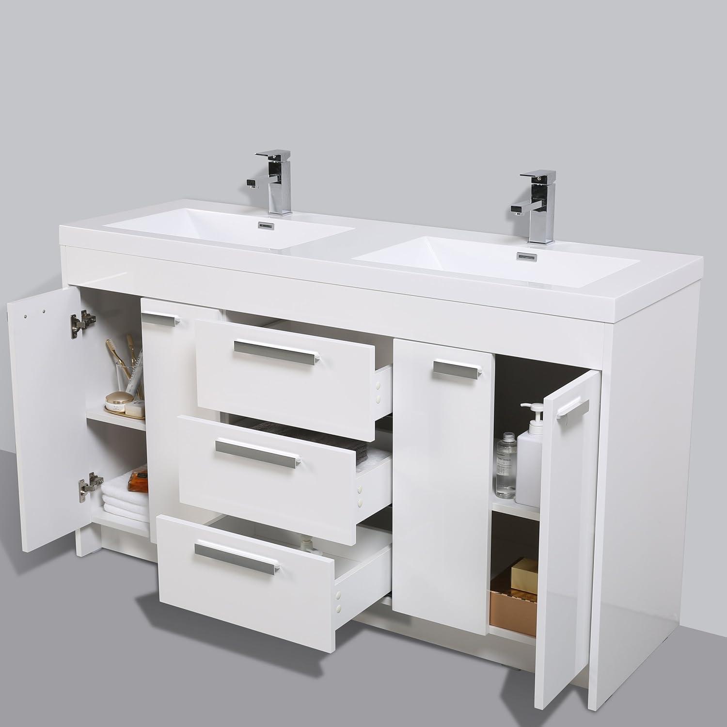 Eviva Lugano 60" White Modern Bathroom Vanity with White Integrated Acrylic Double Sink