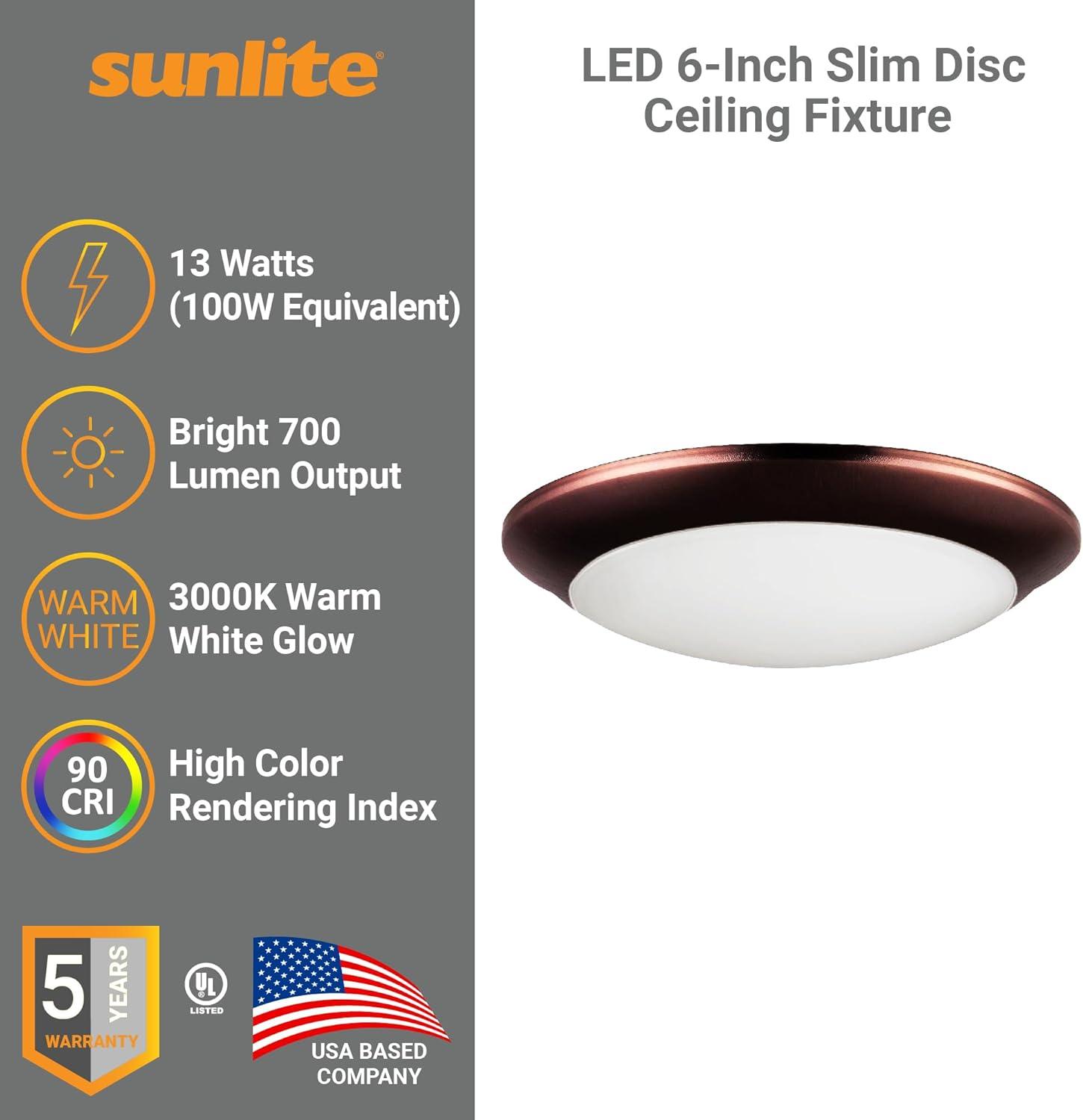 Sunlite 88385-SU 13w 6" LED Slim Disc Ceiling Fixture Bronze Warm White 3000k
