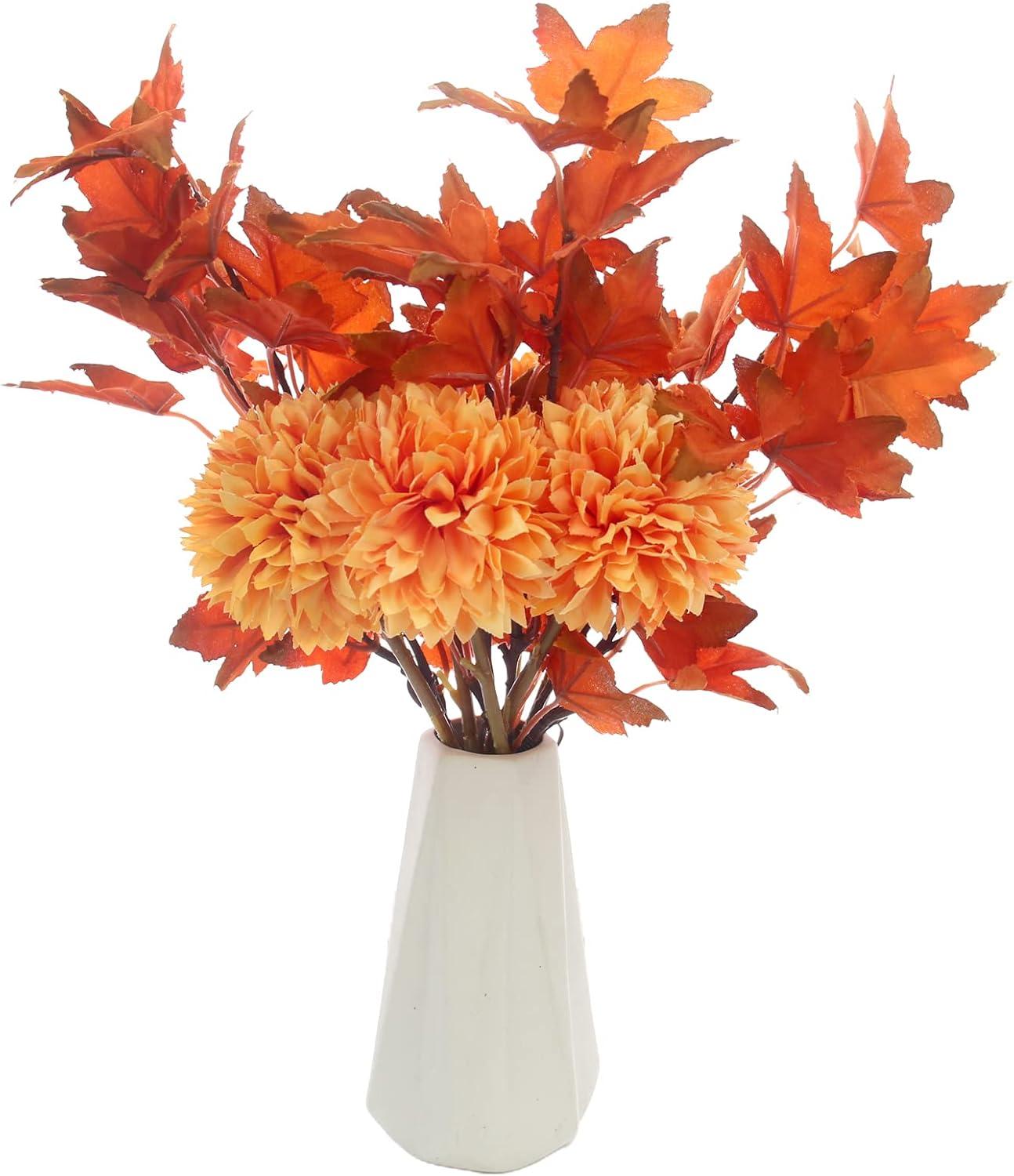 12pcs Orange Fake Flowers 12" Artificial Chrysanthemum Ball Silk Flowers Bouquet for Home Kitchen Wedding Table Arrangement Decorations