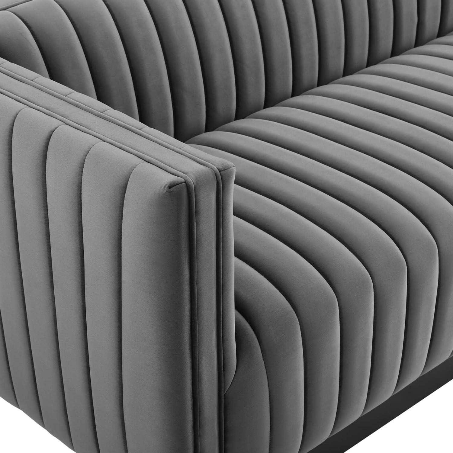 Gray Tufted Velvet Tuxedo Arm Sofa with Wood Base