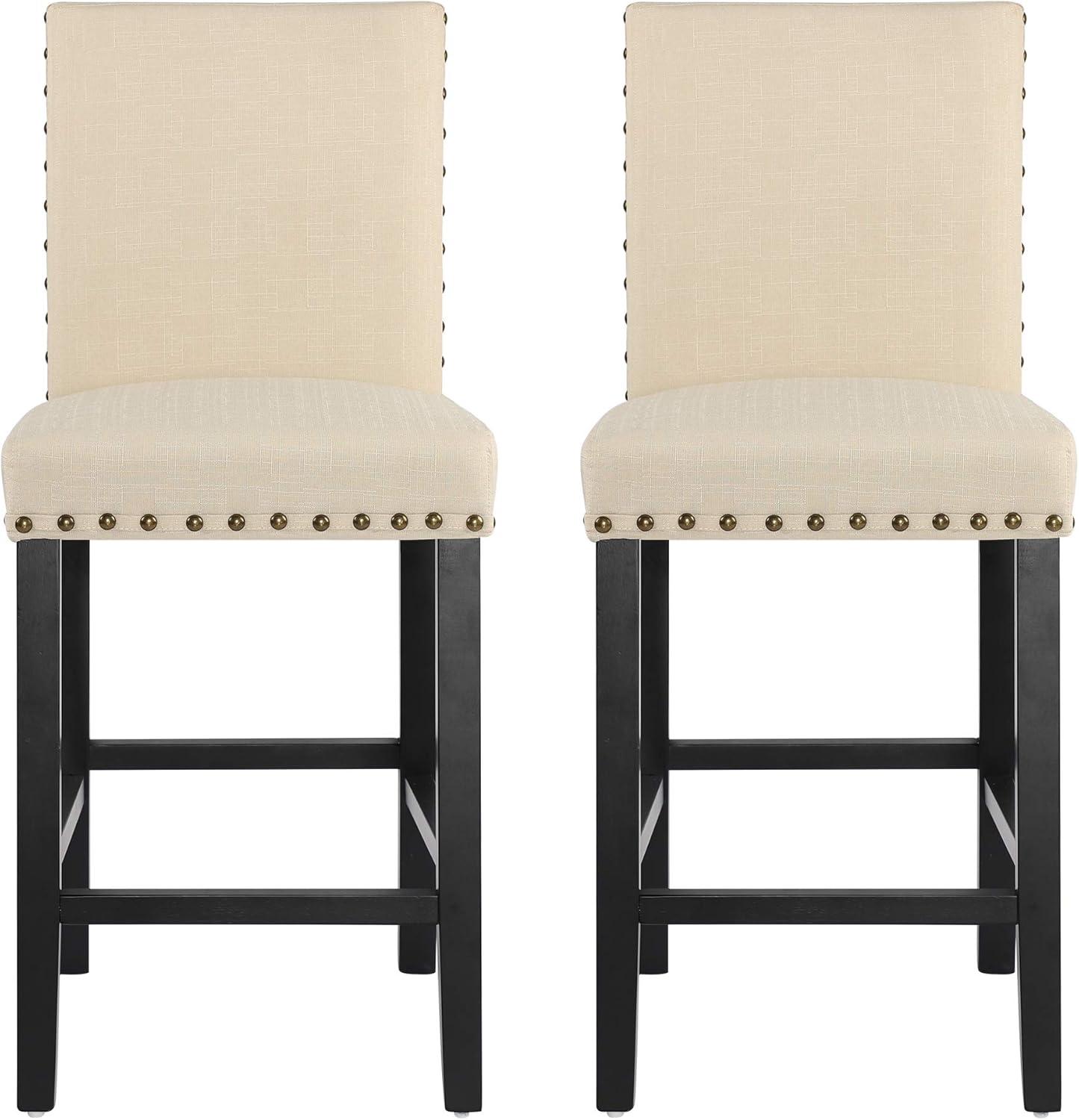 Alieon Counter Stools Nail Head Decoration 24” Soft Cushions with Solid Wood Legs (Set of 2 Beige)