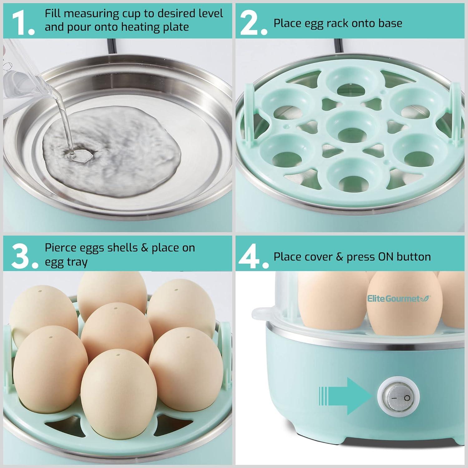 Elite Gourmet EGC115M Easy Egg Cooker Electric 7-Egg Capacity, Soft, Medium, Hard-Boiled Egg Cooker with Auto Shut-Off, Measuring Cup Included, BPA Free, Retro Mint