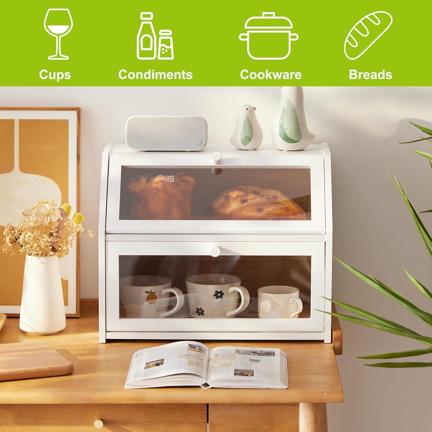 Farmhouse Bread Box for Kitchen Countertop Bread box Double Layer Bamboo Wooden Extra Large Capacity Bin Kitchen Food Storage Container(White)