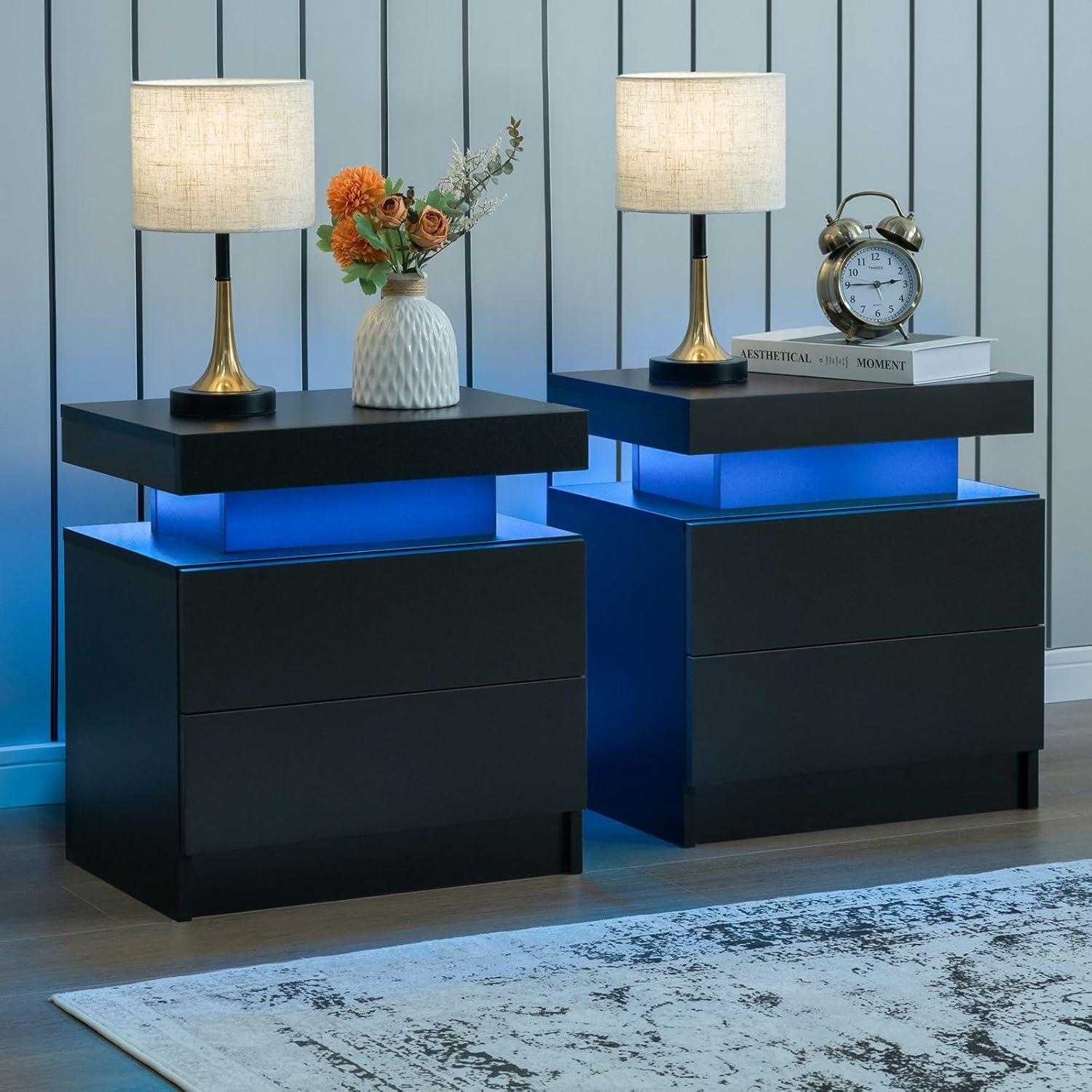 Black Modern LED Nightstand Set with 2 Drawers