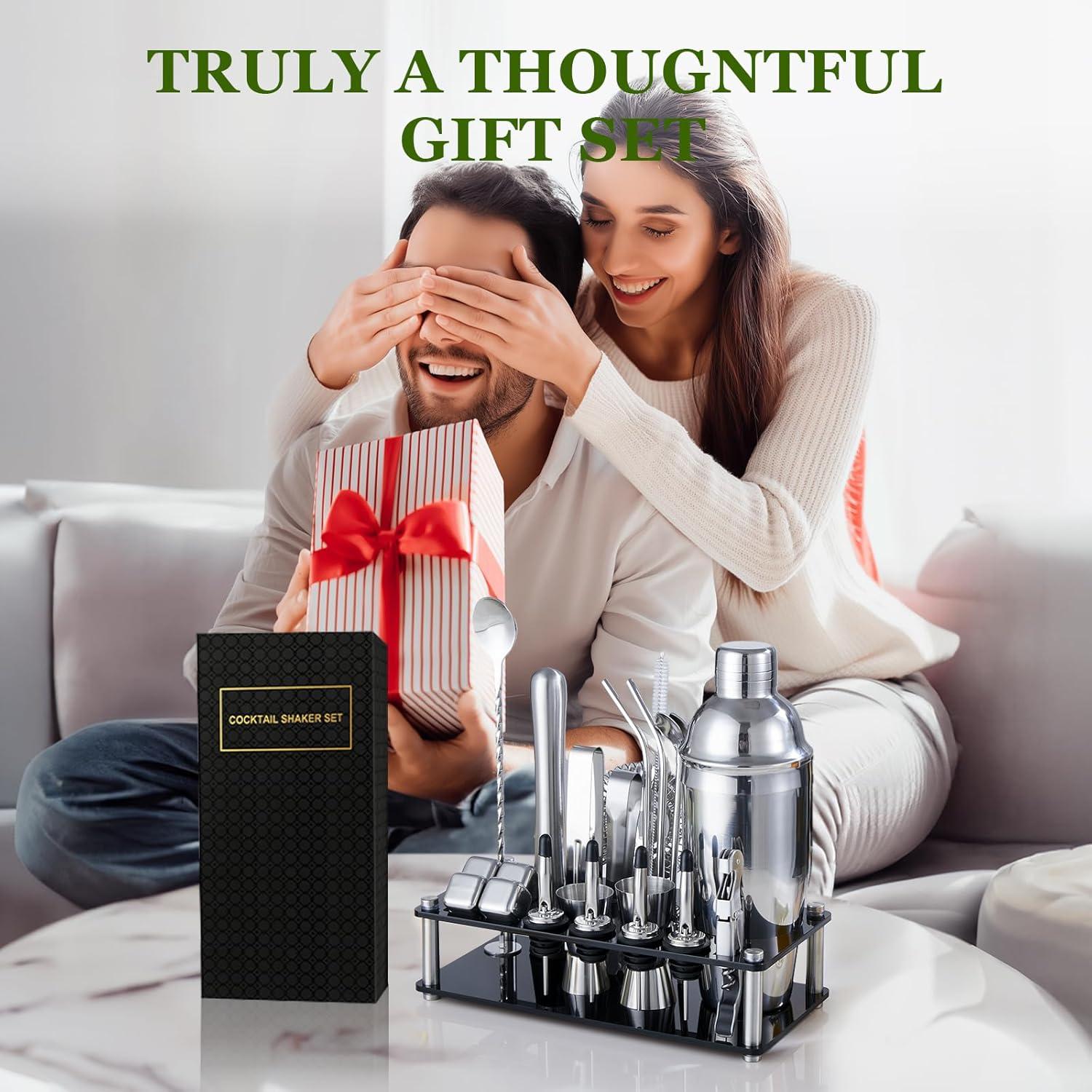 JMDLWZ Cocktail Shaker Set, 23 Pieces 750ml Professional Stainless Steel Cocktail Shaker with Boston Shaker, Strainer, Measuring Cup, Mixing Spoon, Recipes, Great Gift Kit