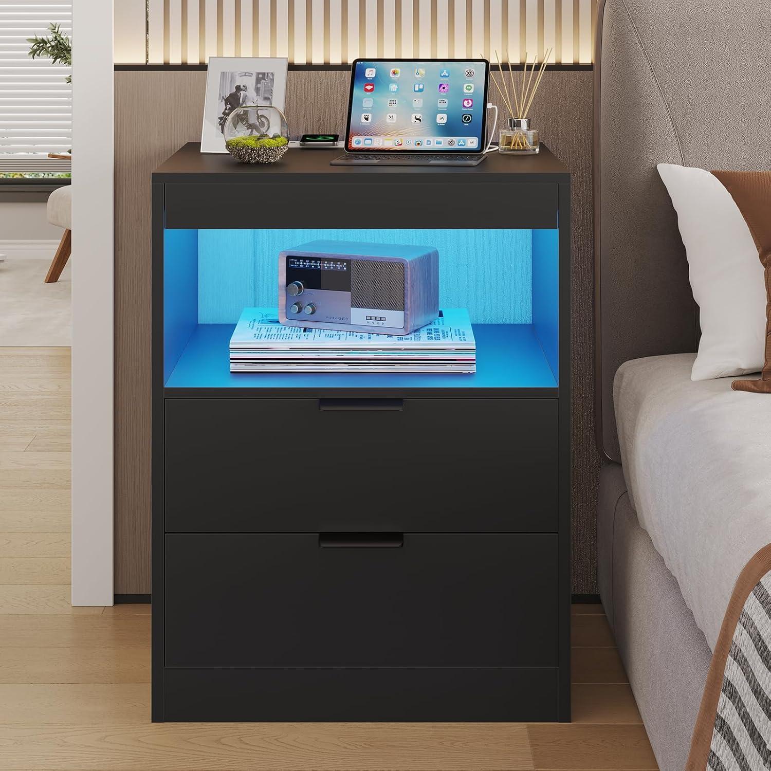 Exlonjet Black Nightstand with Wireless Charging Station and LED Lights, Bedside Table with 2 Drawers, Open Storage, 1 Pull-Out Tray, End Side Table with Charging Station, LED Night Stand with Storage