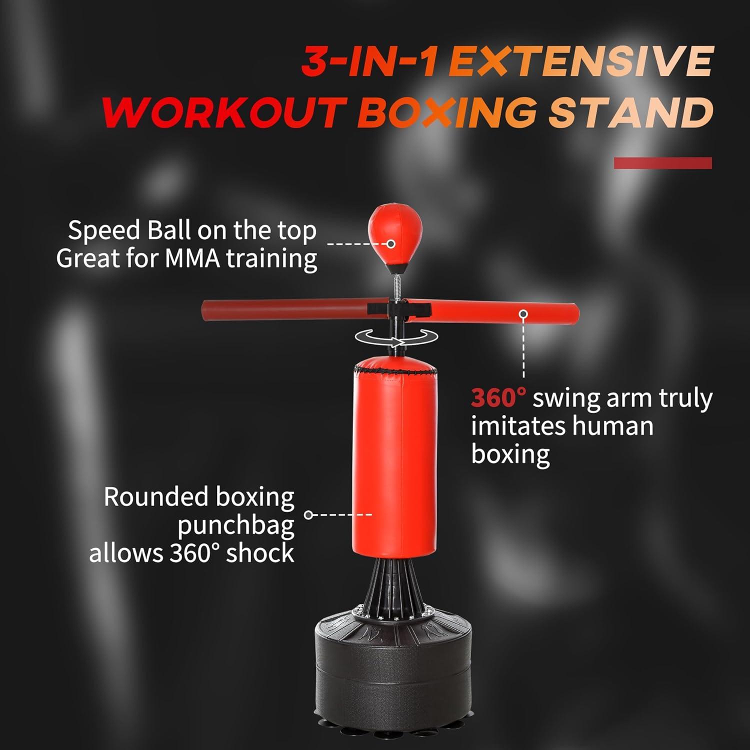 Soozier Boxing Speed Punch Bag Freestanding with Reflex Bar and Gloves Rotating Flexible Arm, Speed Ball, Waterable Base for Adult & Kids, Red