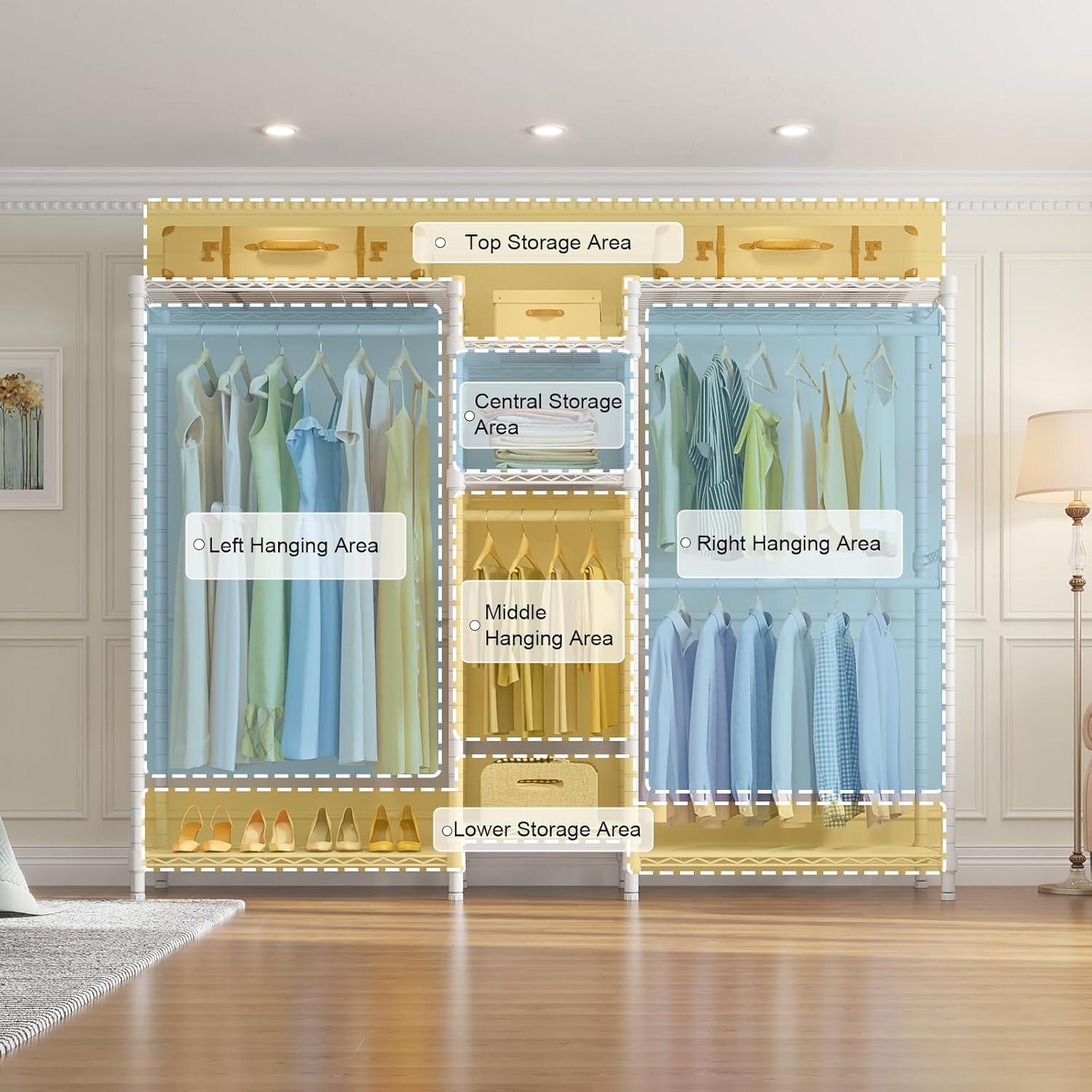 Ulif E7 Heavy Duty Garment Rack, Clothes Organizer and Storage Rack with Expandable Hangers, Metal Clothing Rack with 6 Wire Shelves, (52.3"-72") W x 14.5" D x 71.2" H, Load 838 LBS, White