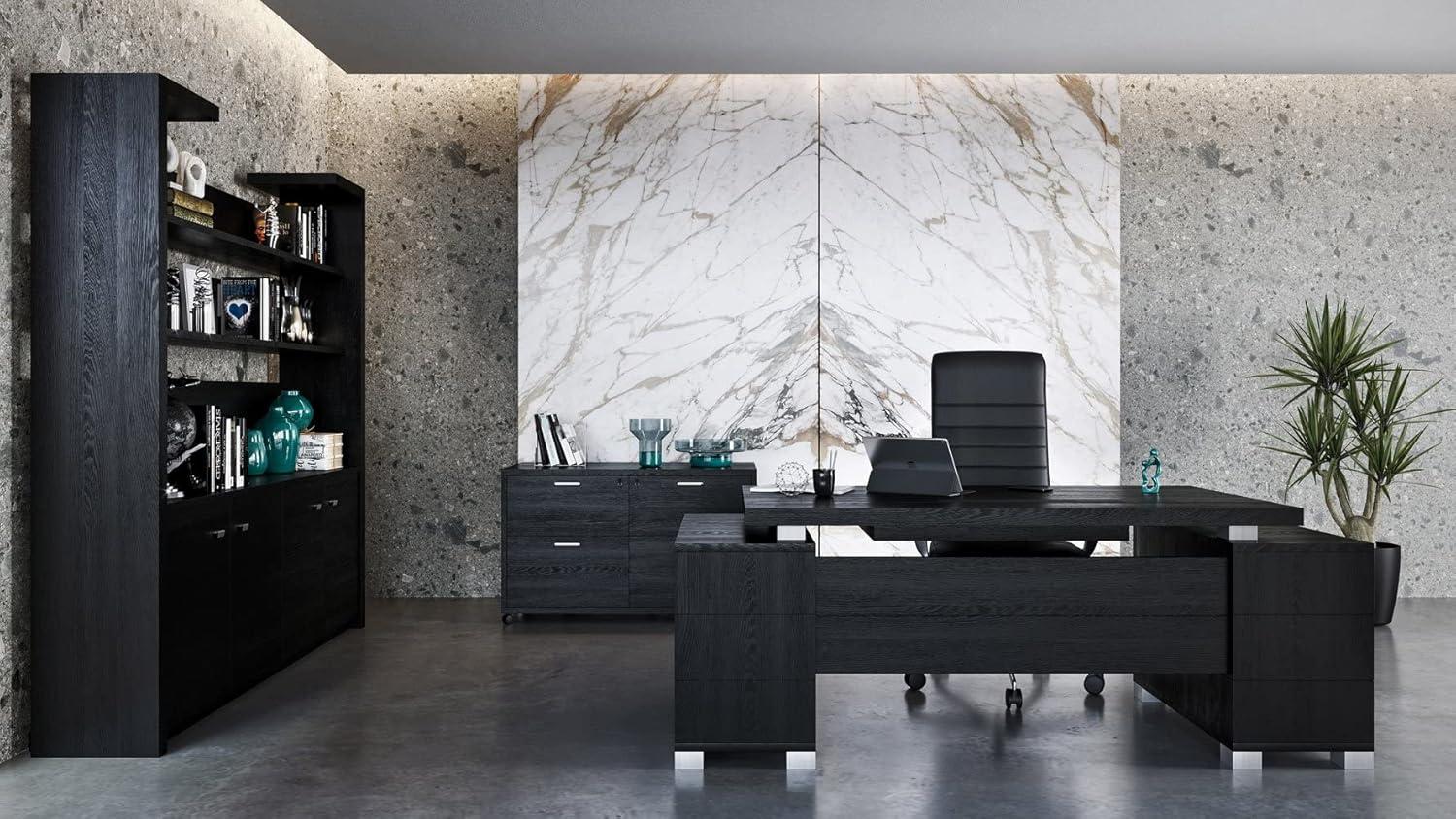 Black Oak Executive Desk with Drawers and Filing Cabinets