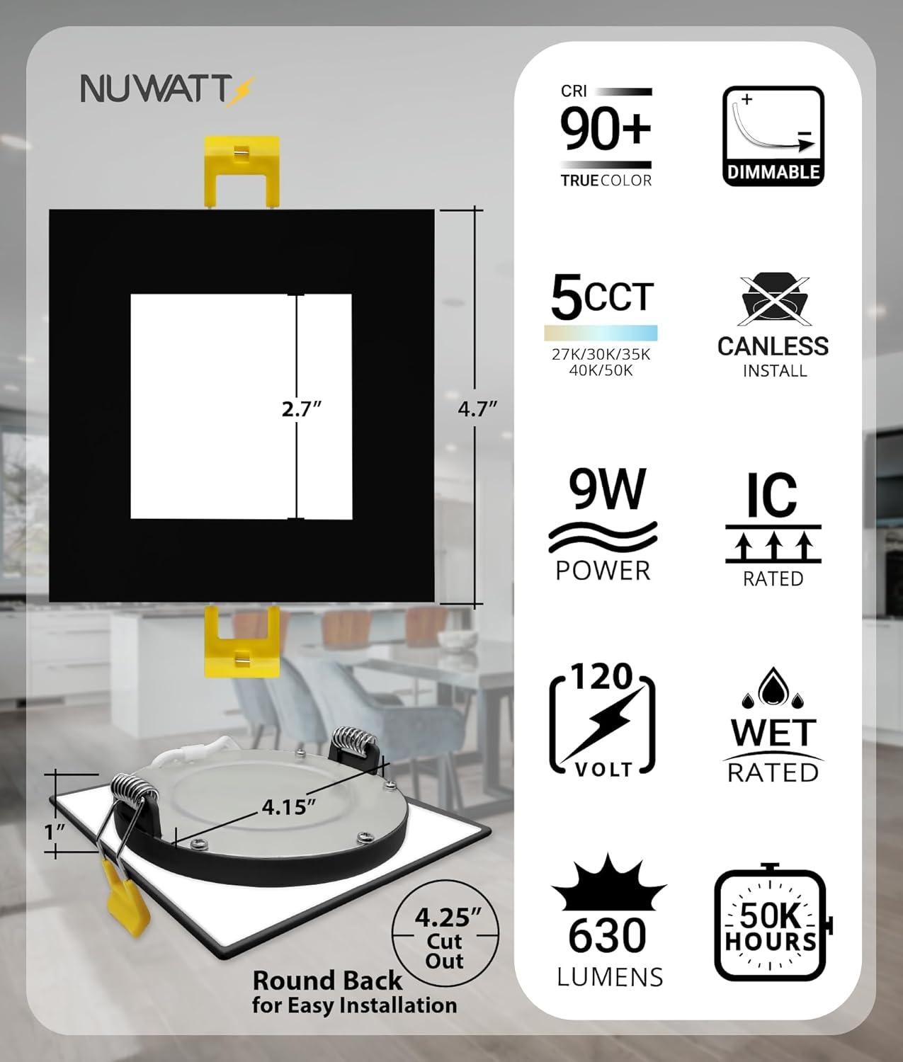 4 in. Slim Canless Square LED Recessed Light 12W 5CCT Dimmable IC Rated 550LM Black Trim 12PK