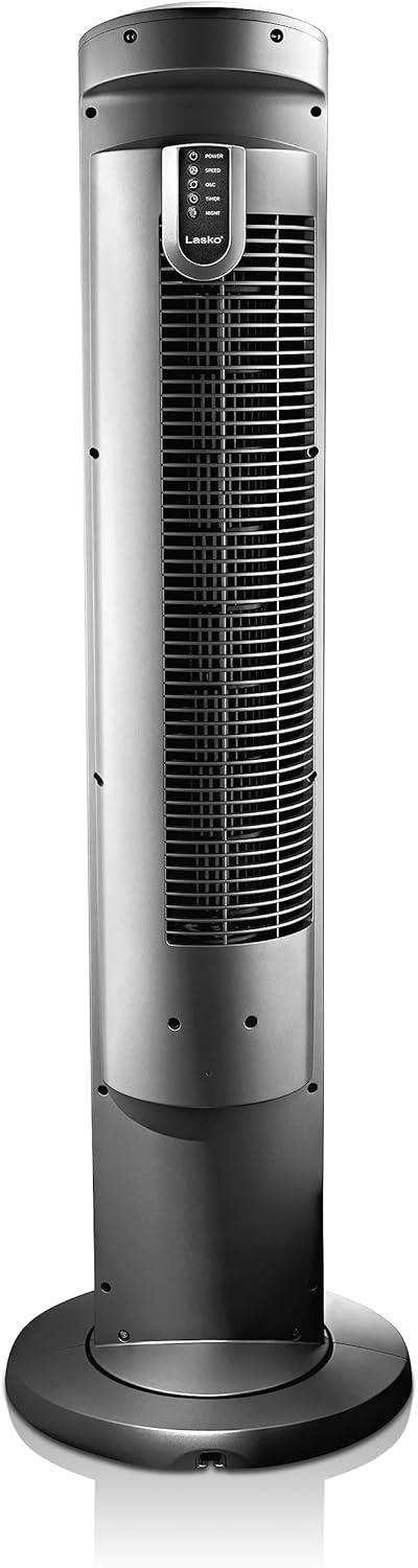 Lasko Wind Curve 42” 3-Speed Remote Controlled Oscillating Tower Fan, Silver, T42951 New