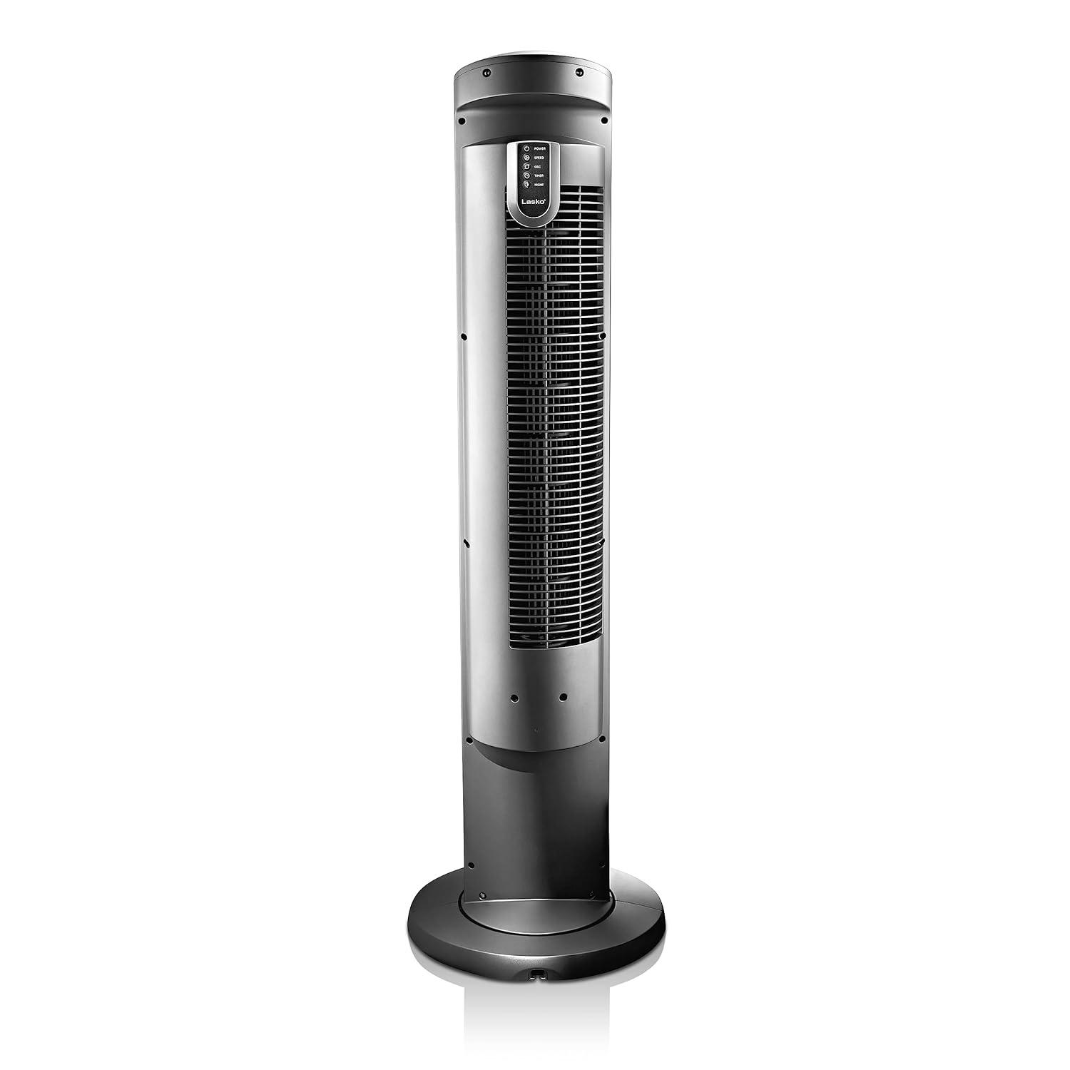 Lasko Wind Curve 42” 3-Speed Remote Controlled Oscillating Tower Fan, Silver, T42951 New