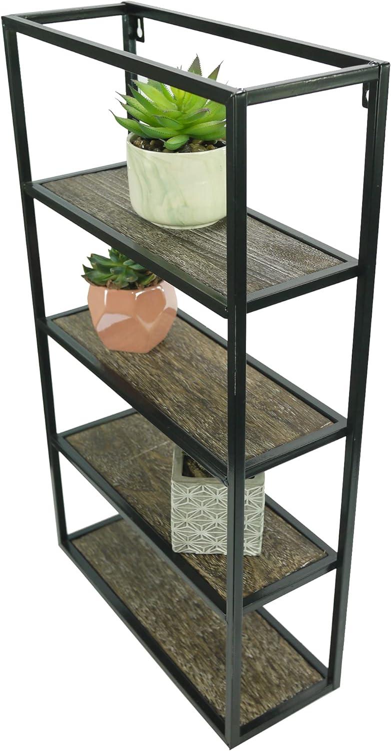 27" Rustic Brown Wood and Black Metal 4-Tier Wall Shelf