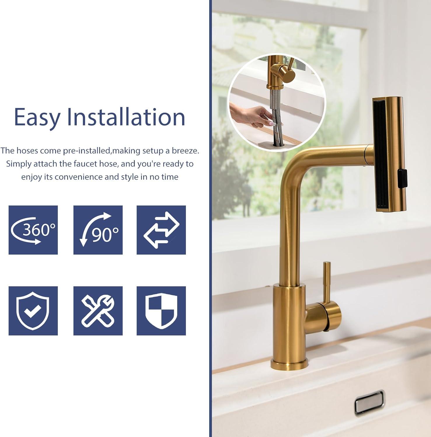 Kitchen Faucets with Pull Down Sprayer, Brushed Gold Waterfall Kitchen Sink Faucet with Soap Dispenser, Single Hole Stainless Steel Kitchen Faucet, Modern Single Handle Pull Out Kitchen Faucet