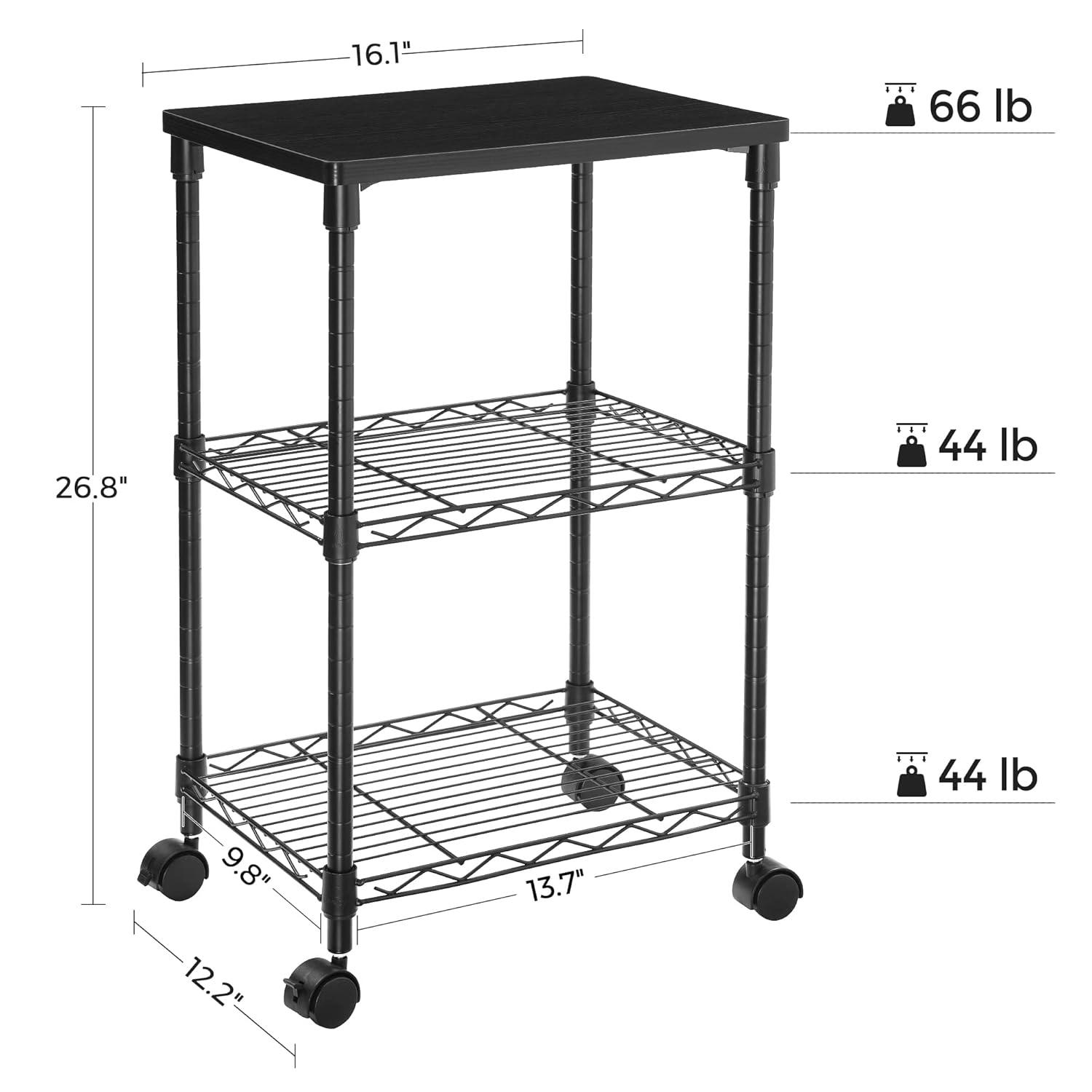 SONGMICS 3 Tier Wide Printer Stand with Wheels, Rolling Printer Table Cart with Metal Storage Shelf, for Home and Office, 16.1 x 12.2 x 26.8 Inches, Black ULGR303B01