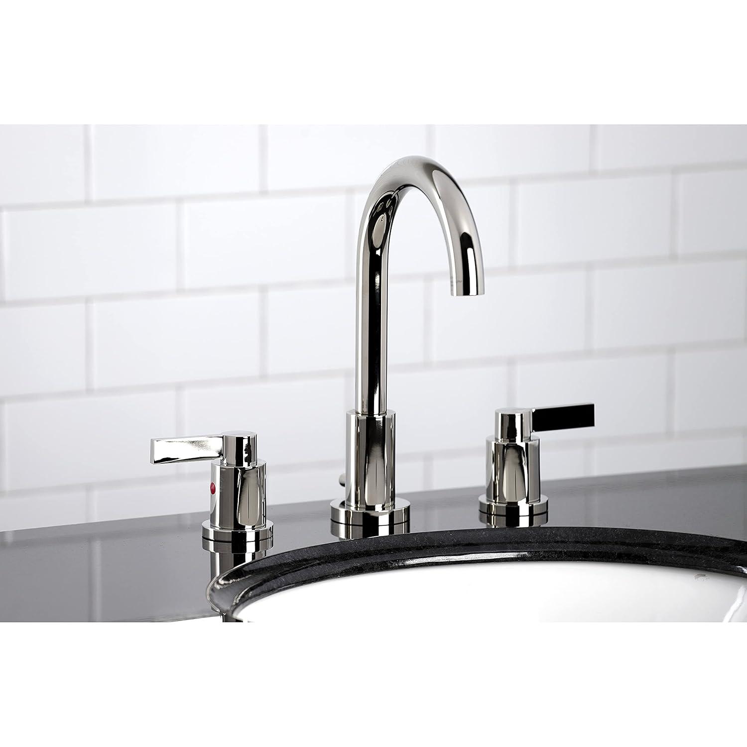 Kingston Brass NuvoFusion Two-Handle 3-Hole Deck Mount Widespread Bathroom Faucet with Brass Pop-Up Drain