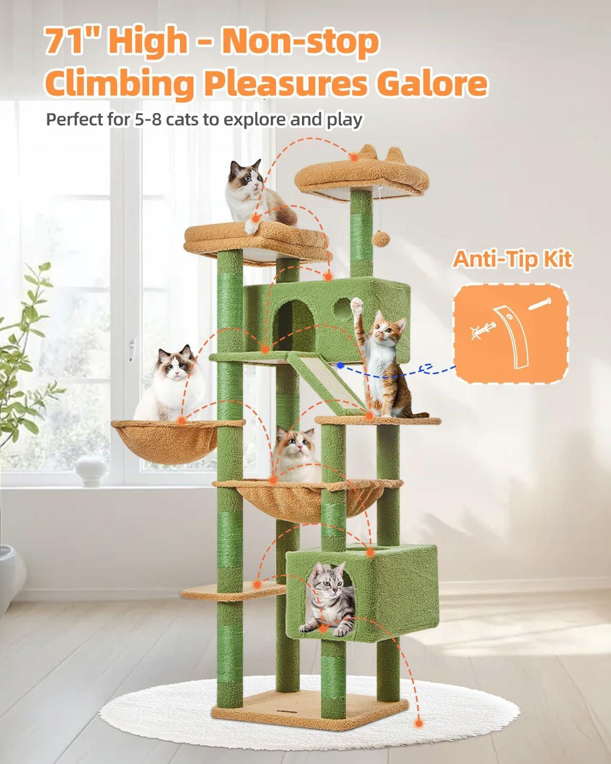 71-Inch Large Cat Tree For Large Cats Plush Multi-Level Cat Condo With 8 Scratching Posts 2 Perches Cave Hammock 2 Pompoms Scratch Board