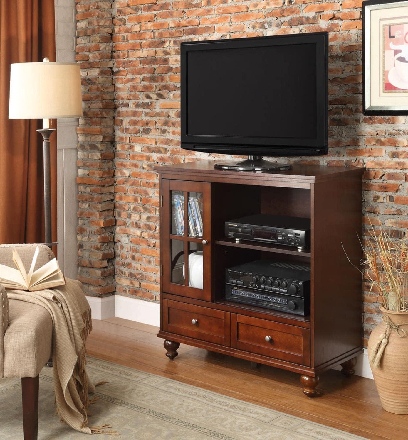 Espresso Highboy TV Stand with Glass Cabinet and Drawers