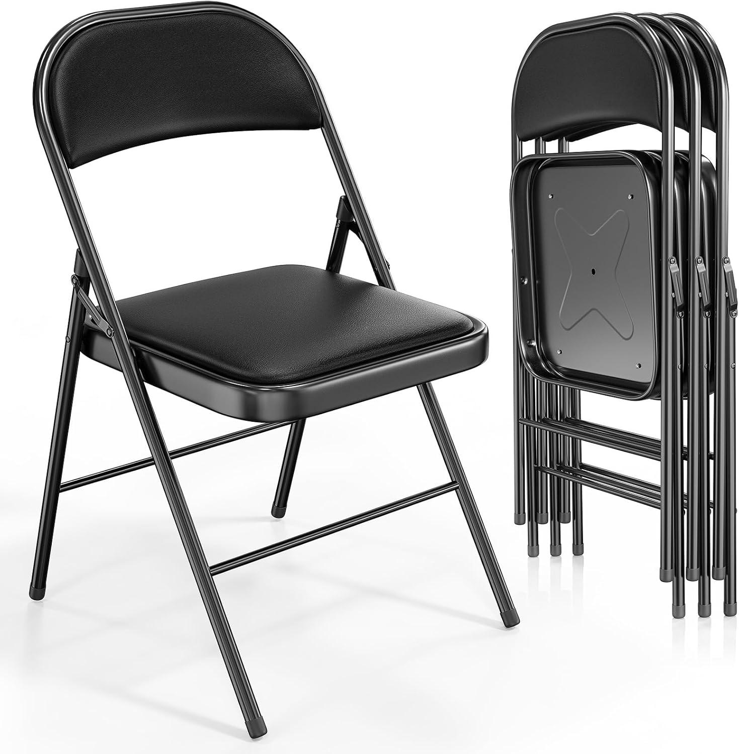 4Pcs Fully Assembled Thick-Padded Black PU Folding Chairs, 17.7"X19.7"X30.7"