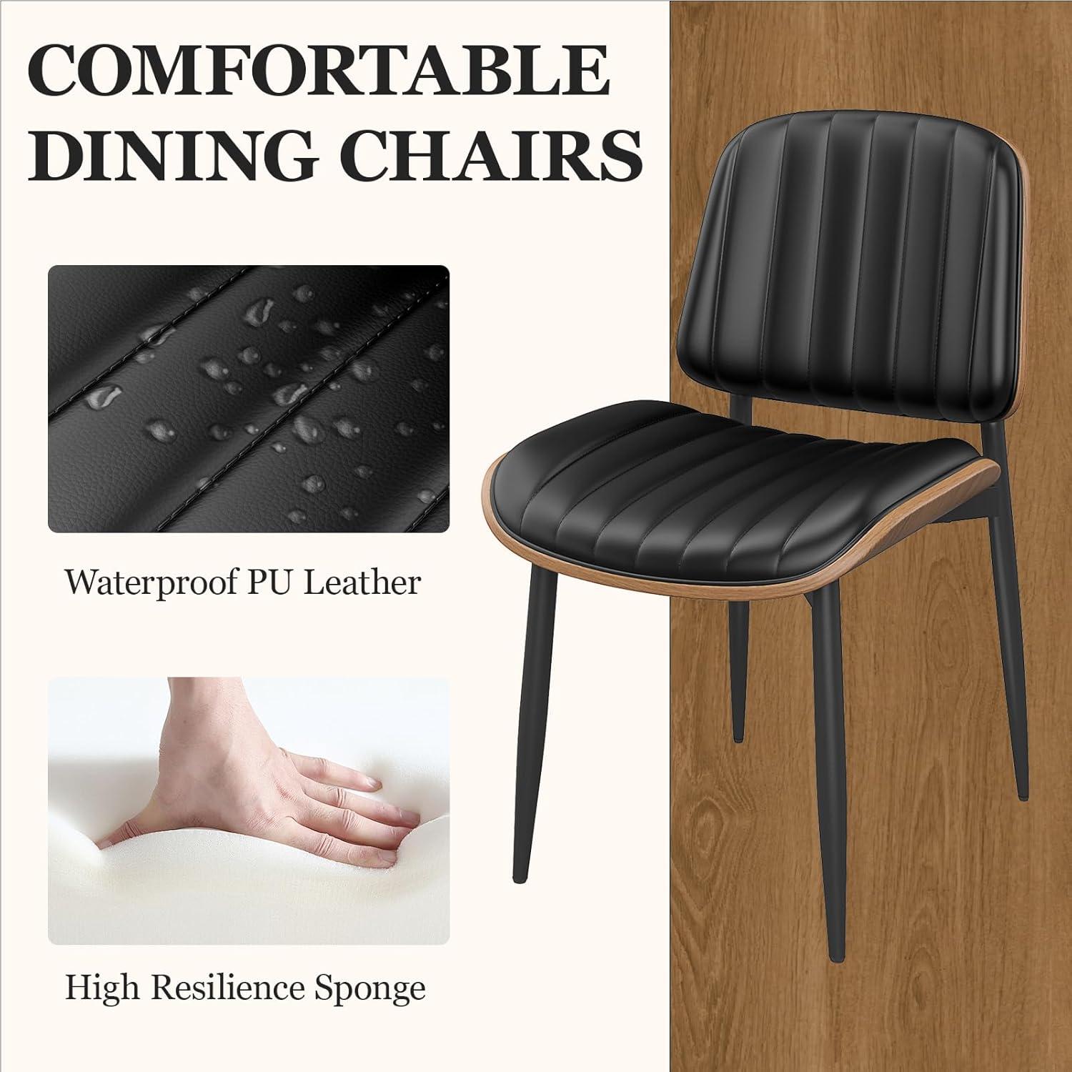 Dining Chairs Set of 2, Mid Century Modern Retro Faux Leather Chair with Walnut Bentwood Back, Upholstered Seat Metal Legs & Adjustable Foot for Kitchen Dining Room Chairs(Black PU)