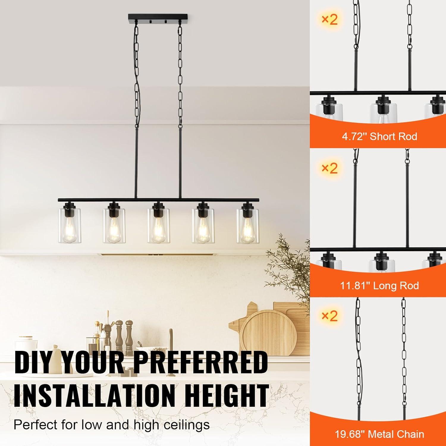 VEVOR 5-Light Adjustable Kitchen Island Pendant Light - 60W E26 Bulbs for Dining Room