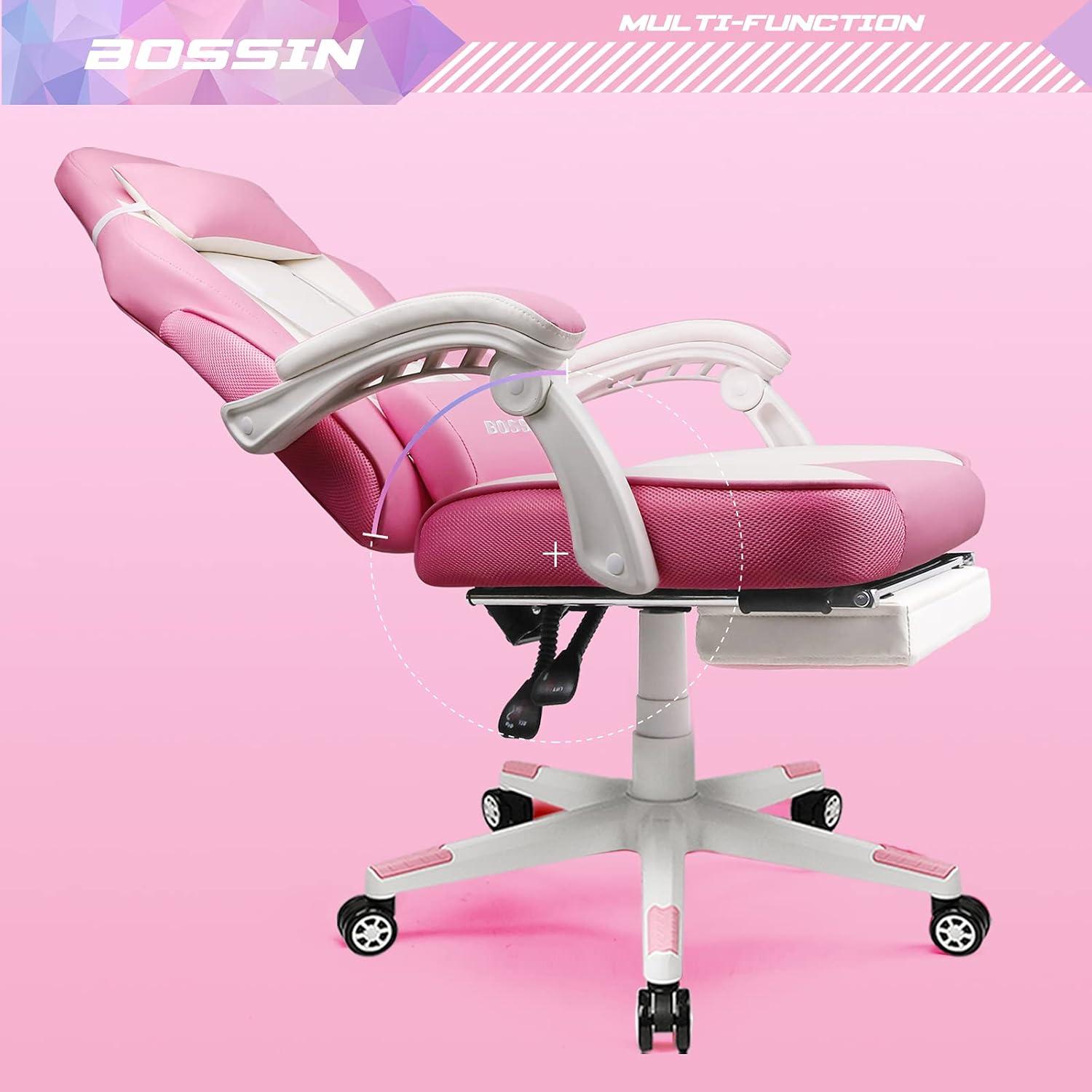 Bossin Gaming Chairs with Footrest, Massage Leather Game Chair for Adults, Big and Tall Gamer Chair with Headrest and Lumbar Support