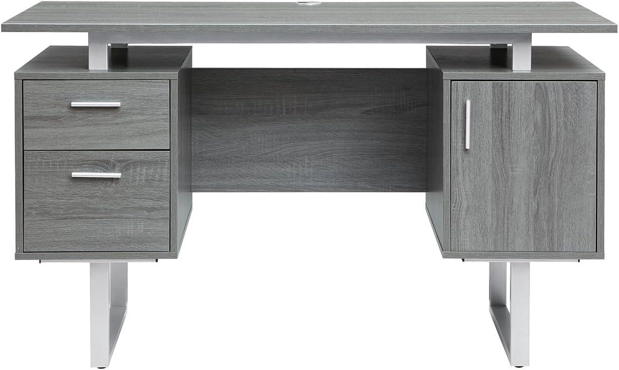 Modern Office Desk with Storage Gray - Techni Mobili: Sleek Metal Legs, File Cabinet, Floating Top