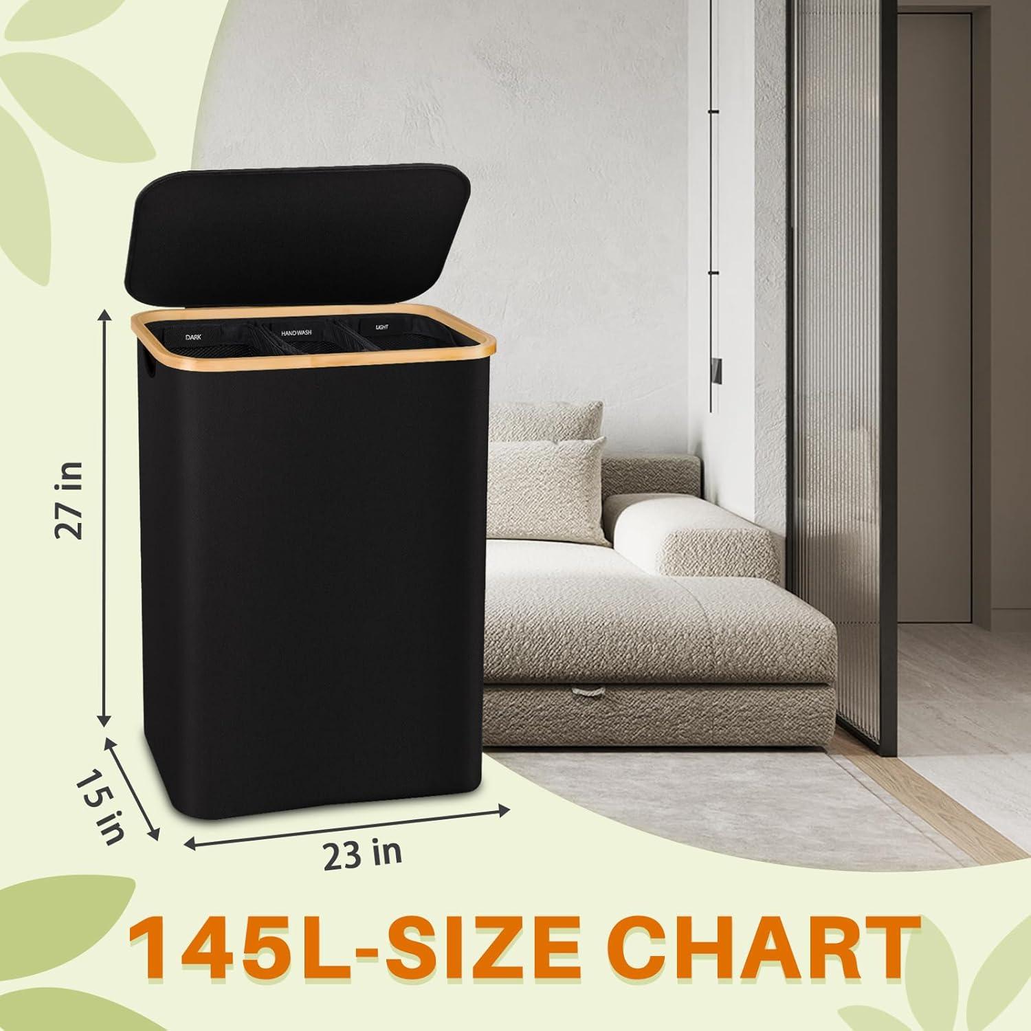 Hampers for Laundry Basket with Lid, 145L Extra Large 3 Section Clothes Divided Organizer for Bedroom, Laundry Room, Dirty Clothing Hamper, Black