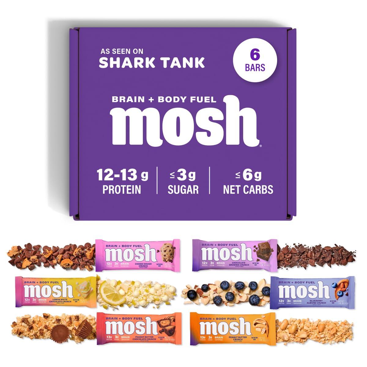 MOSH Variety Pack Protein Bars, 6pk, Keto Snack, Gluten-Free, No Added Sugar, 12g Whey Protein, Lion's Mane, B12 Vitamins, Supports Brain Health, Breakfast To-Go (Flavors may vary)