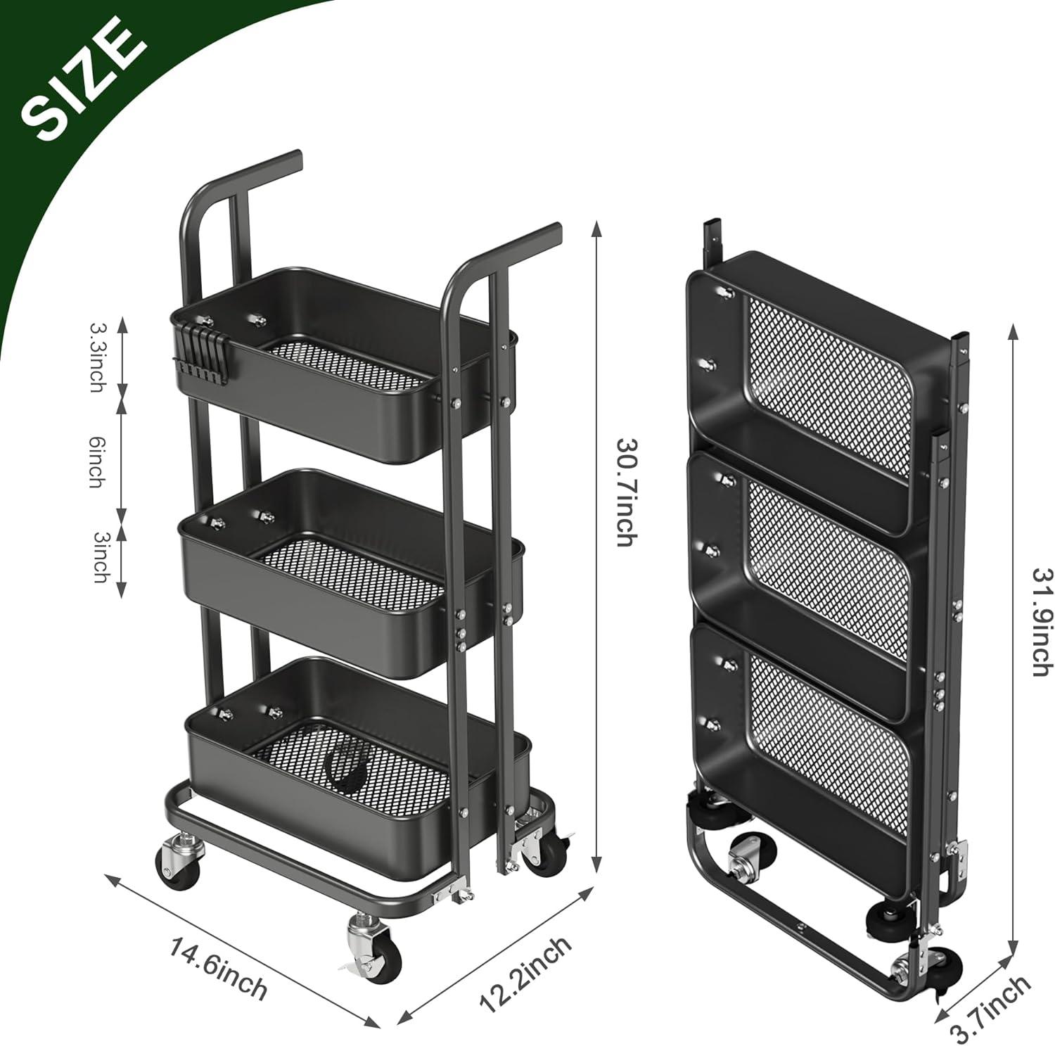 3-Tier Metal Mobile Cart, Foldable, Locking Wheels for Utility, Craft, Storage, Organization, Black