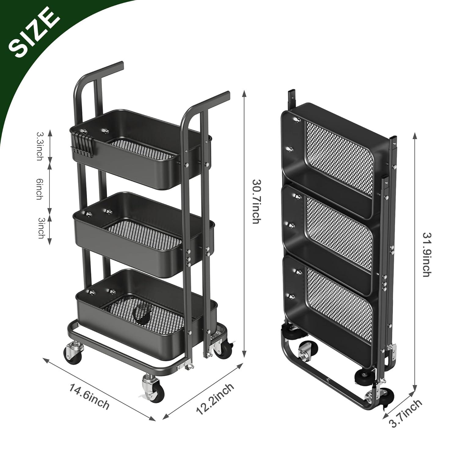 Wharick Foldable Storage Cart 3 Tier Rolling Cart with Wheels Folding Metal Cart Organizer with Handle Utility Cart with Basket for Kitchen Pantry, Classroom, Office