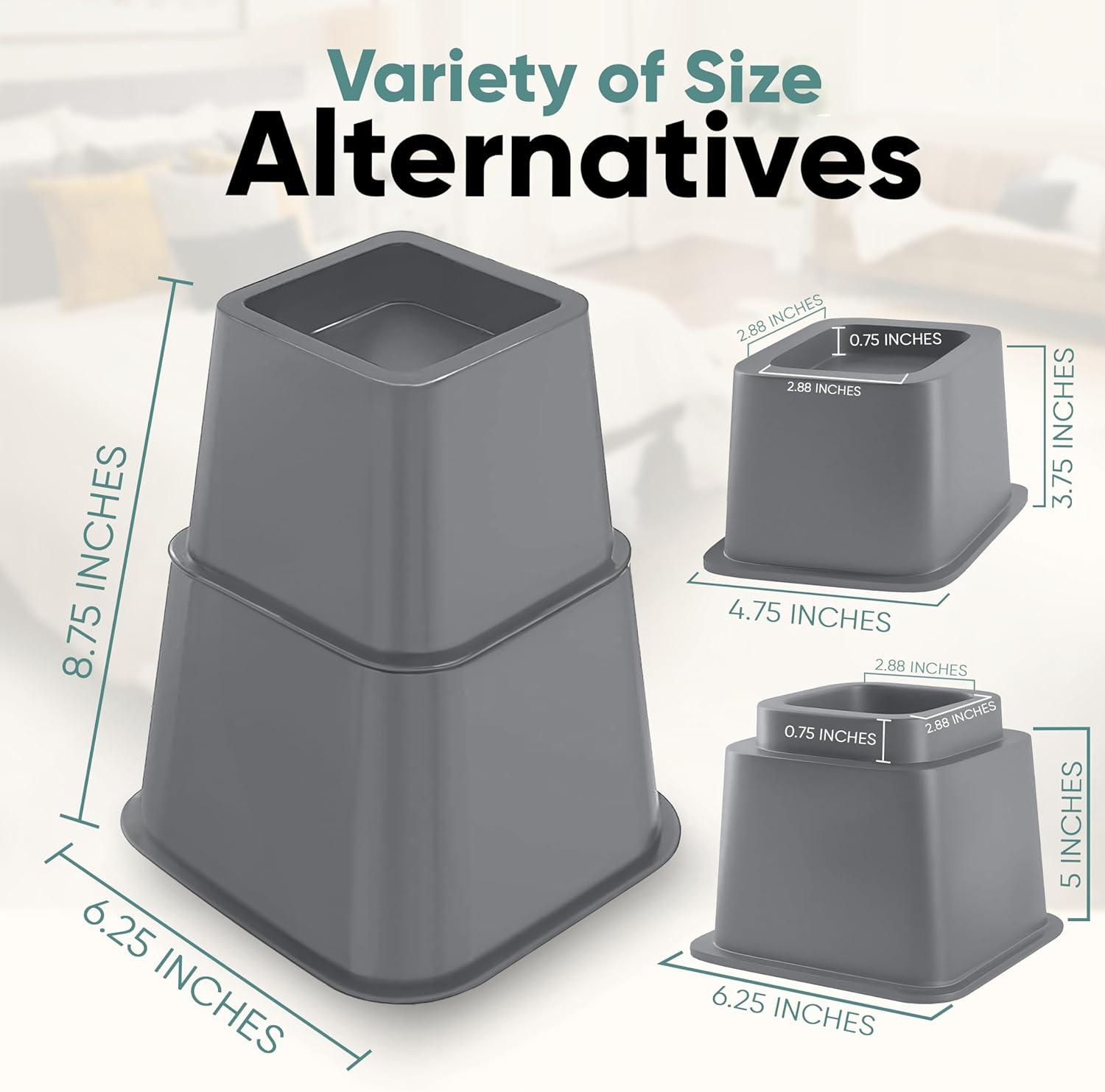 Home Intuition Bed Risers Heavy Duty Adjustable Furniture Riser 3, 5 or 8-Inch, 4 Pack, 8-Piece Set (Grey)