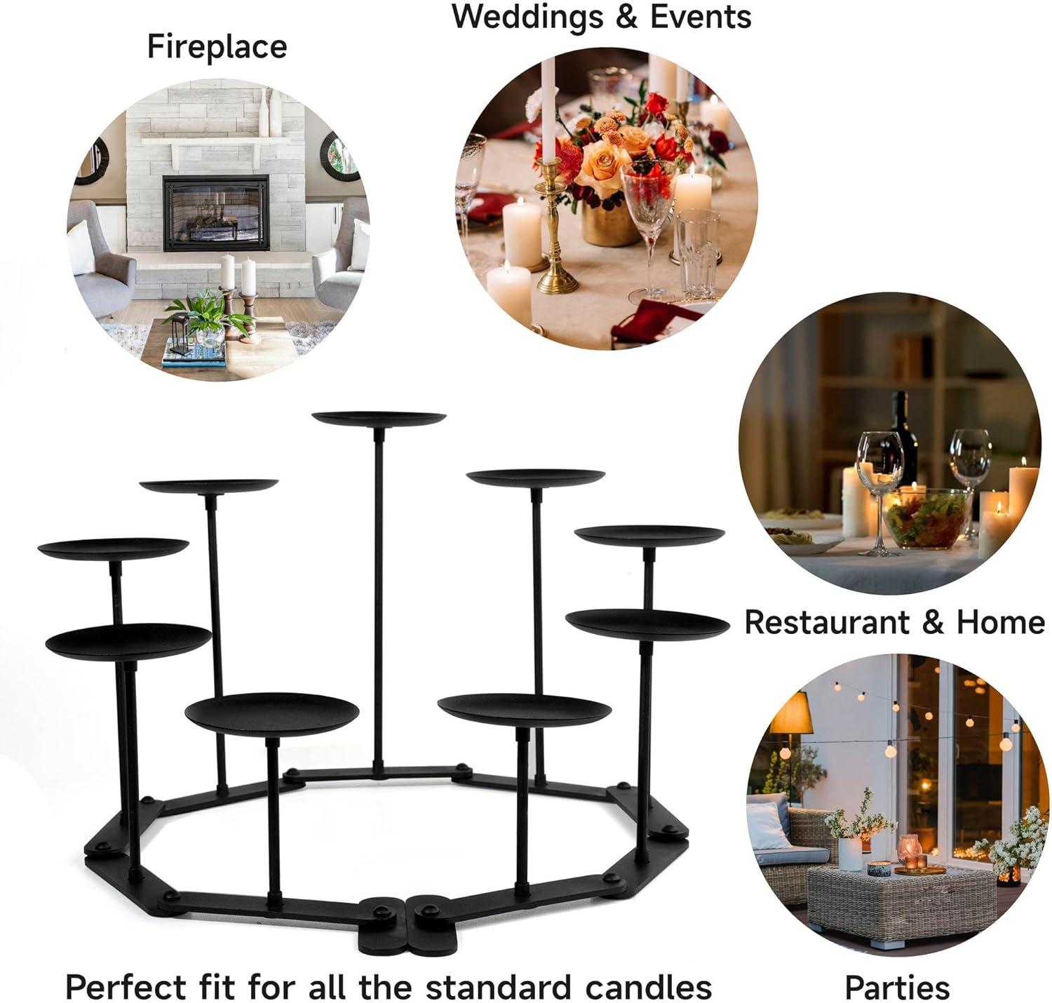 Candelabra 9 Candle Holder for Fireplace Decor Black Iron Pillar Candle Stand Table Centerpiece