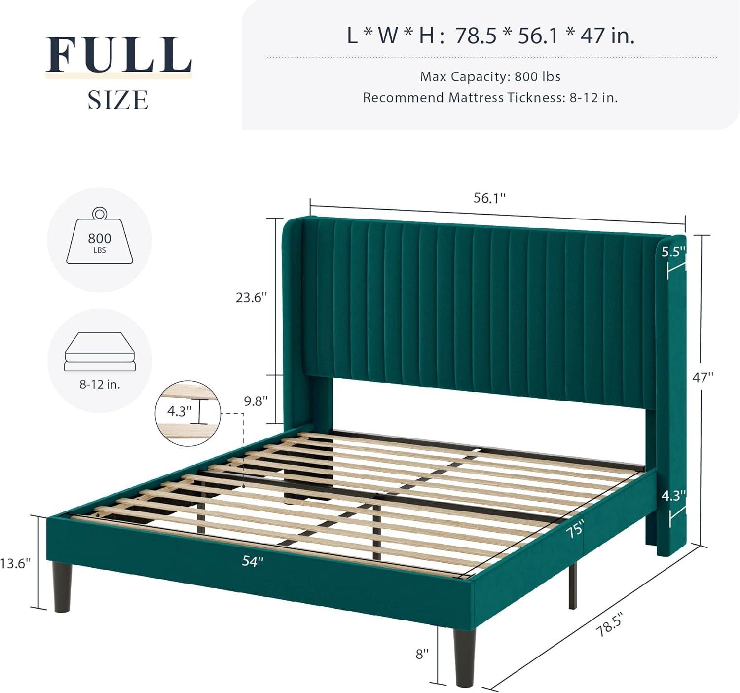Candler Velvet Upholstered Platform Bed with Wingback Headboard and Wooden Slats
