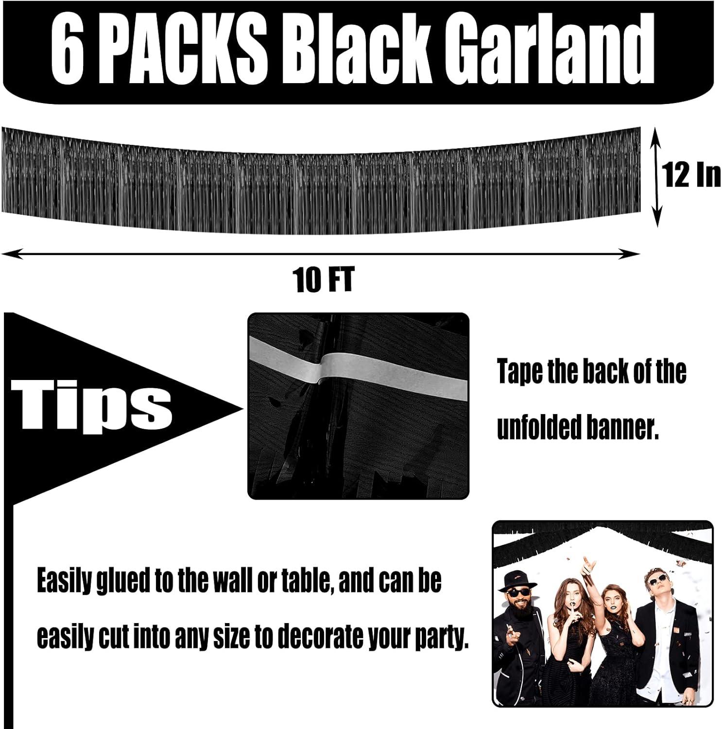 6 Pack 10 Feet Metallic Foil Fringe Garland Tinsel Streamers, Boriyuan Wall Hanging Fringe Backdrop Banner for Parade Floats, Wedding, Birthday, Christmas, New Year Party Decorations (Black)