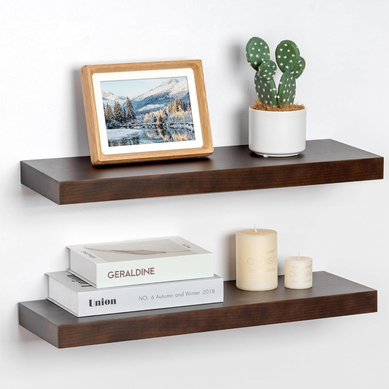 24 Inch Floating Shelves Set of 2, Rustic Solid Wood Wall Mounted Shelves for Decor & Storage, Dark Walnut Shelves for Bedroom Kitchen Living Room - Dark Walnut